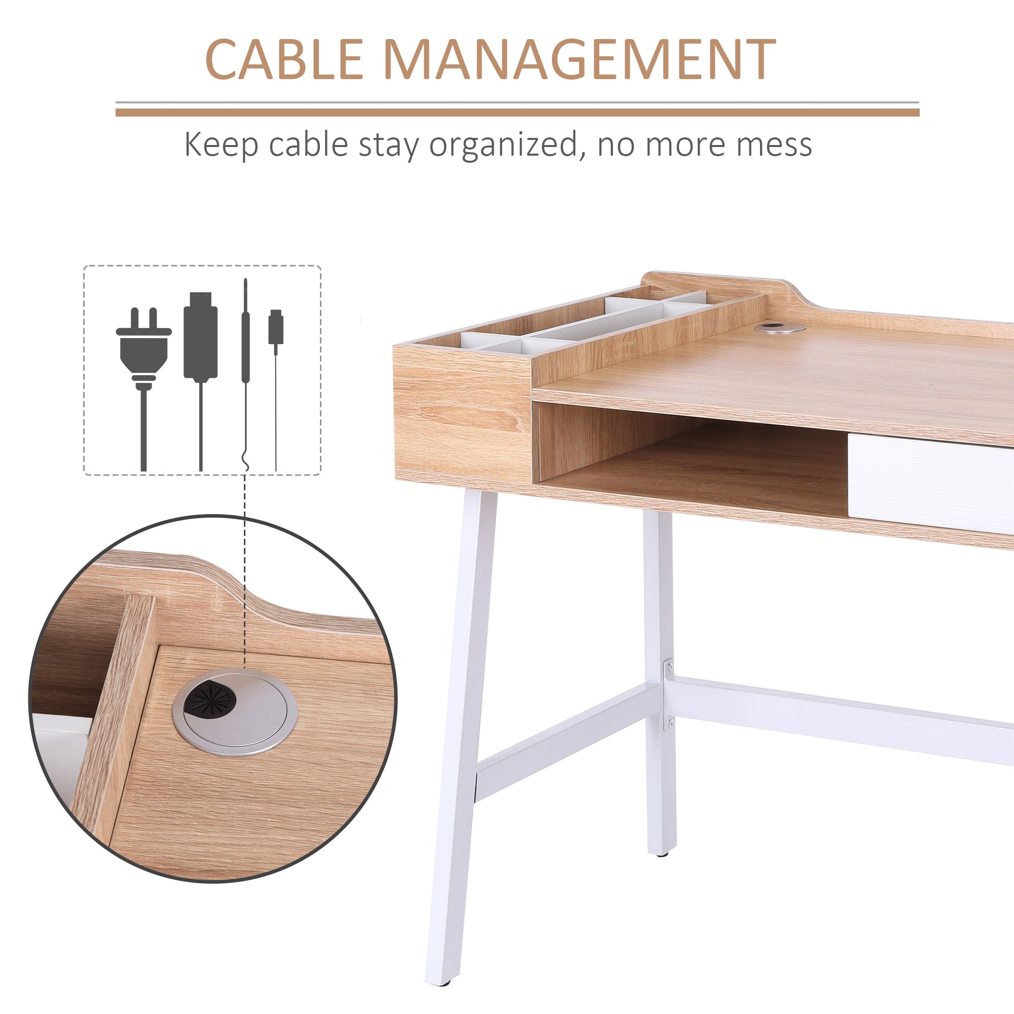 Computer Writing Desk Workstation with Drawer, Storage Compartments, Cable Management, Laptop Table Metal Frame Oak and White