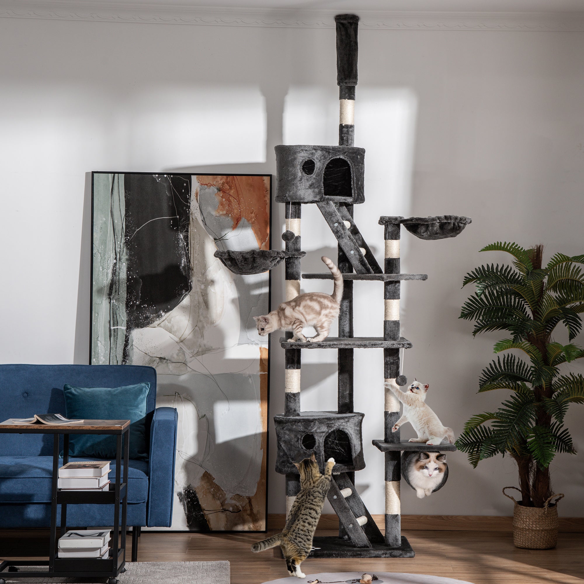 Floor to Ceiling Cat Tree for Indoor Cats 240-260cm Adjustable Height Dark Grey