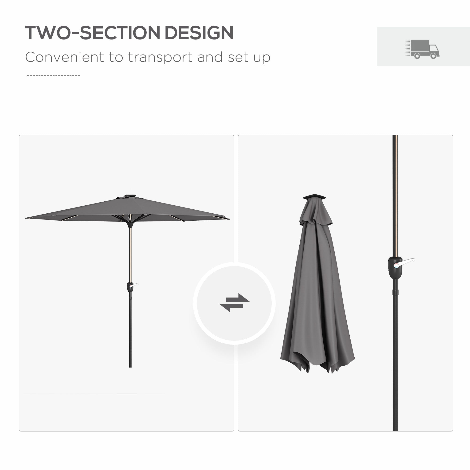 Garden Parasol with LED Lights, Solar Charged Patio Umbrella with Crank Handle, for Outdoor, Charcoal Grey