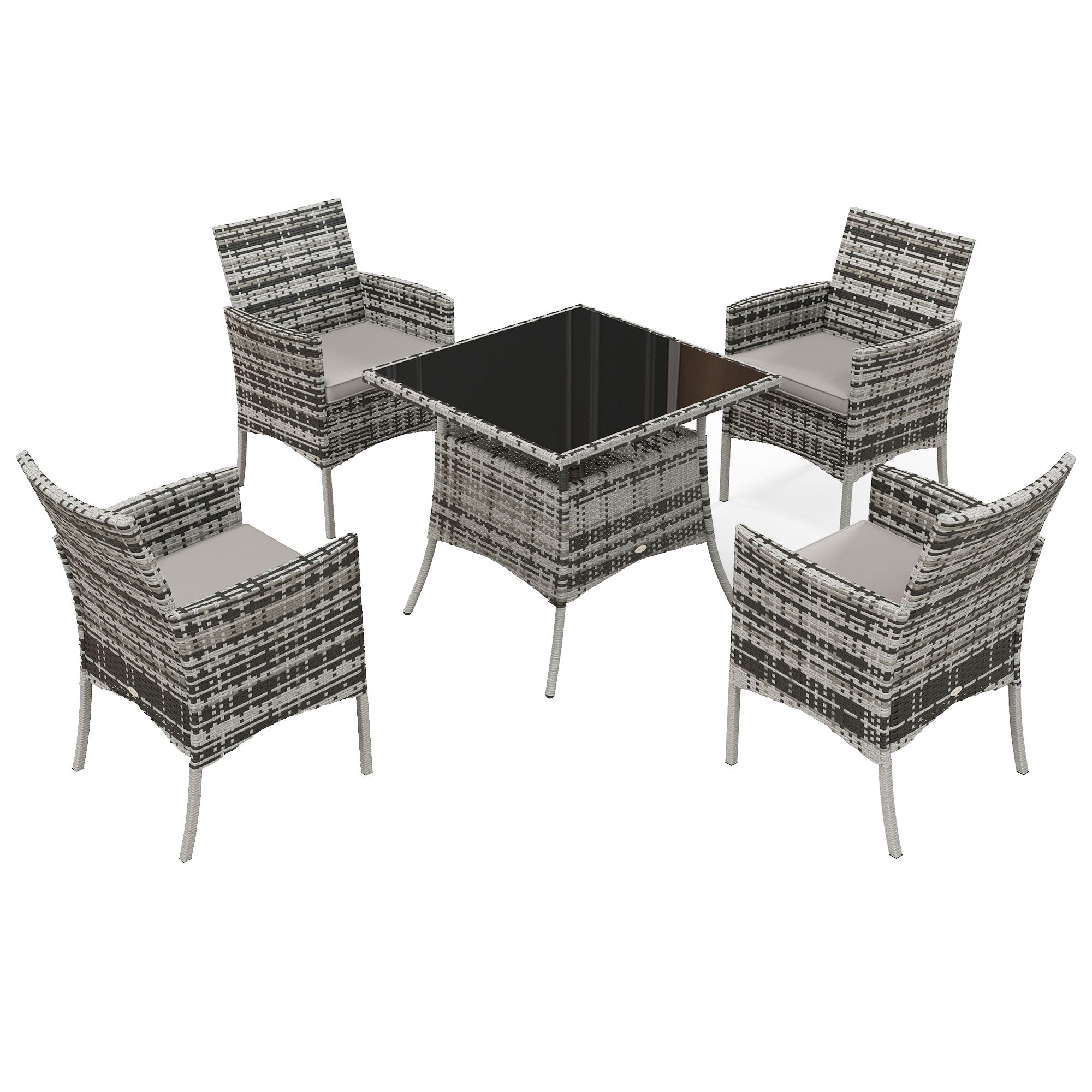 Outdoor Dining Set 5 Pieces Patio Conservatory with Tempered Glass Tabletop, 4 Dining Armchairs - Grey