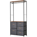 Chest of Drawers with Coat Rack Steel Frame 5 Drawers Bedroom Hallway Storage - Black Brown