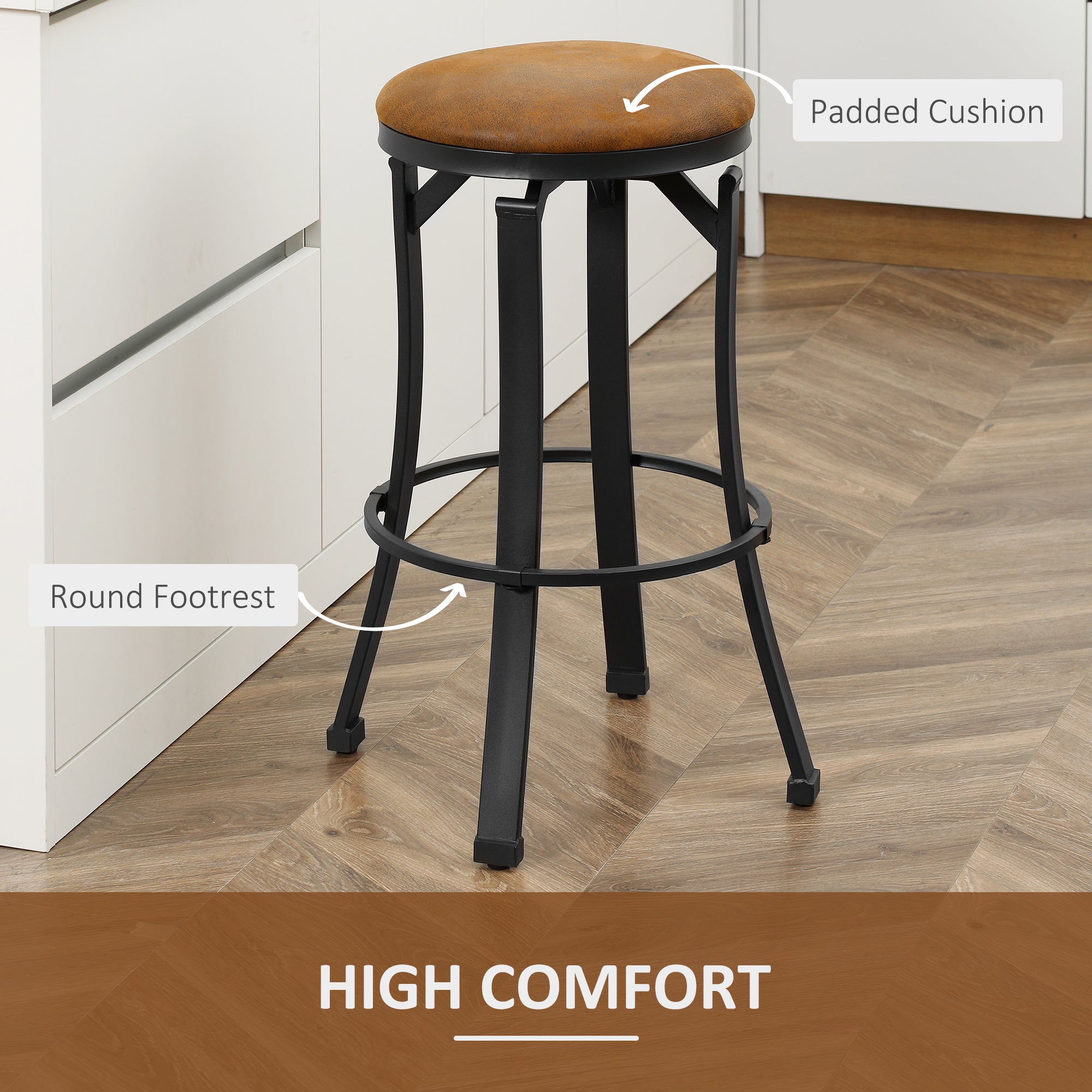 Bar Stools, Set of 2, Microfiber Cloth Breakfast Bar Chairs with Footrest, Vintage Kitchen Stools with Powder-coated Steel Legs, Brown