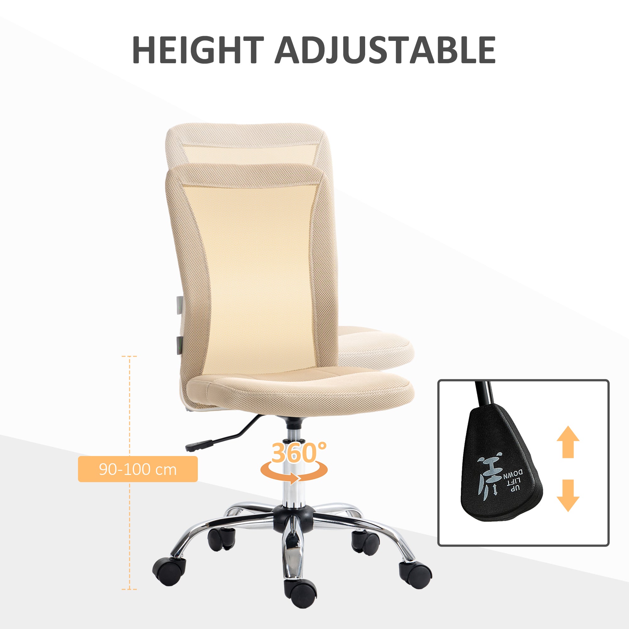 Computer Desk Chair, Mesh Office Chair with Adjustable Height and Swivel Wheels, Armless Study Chair, Beige