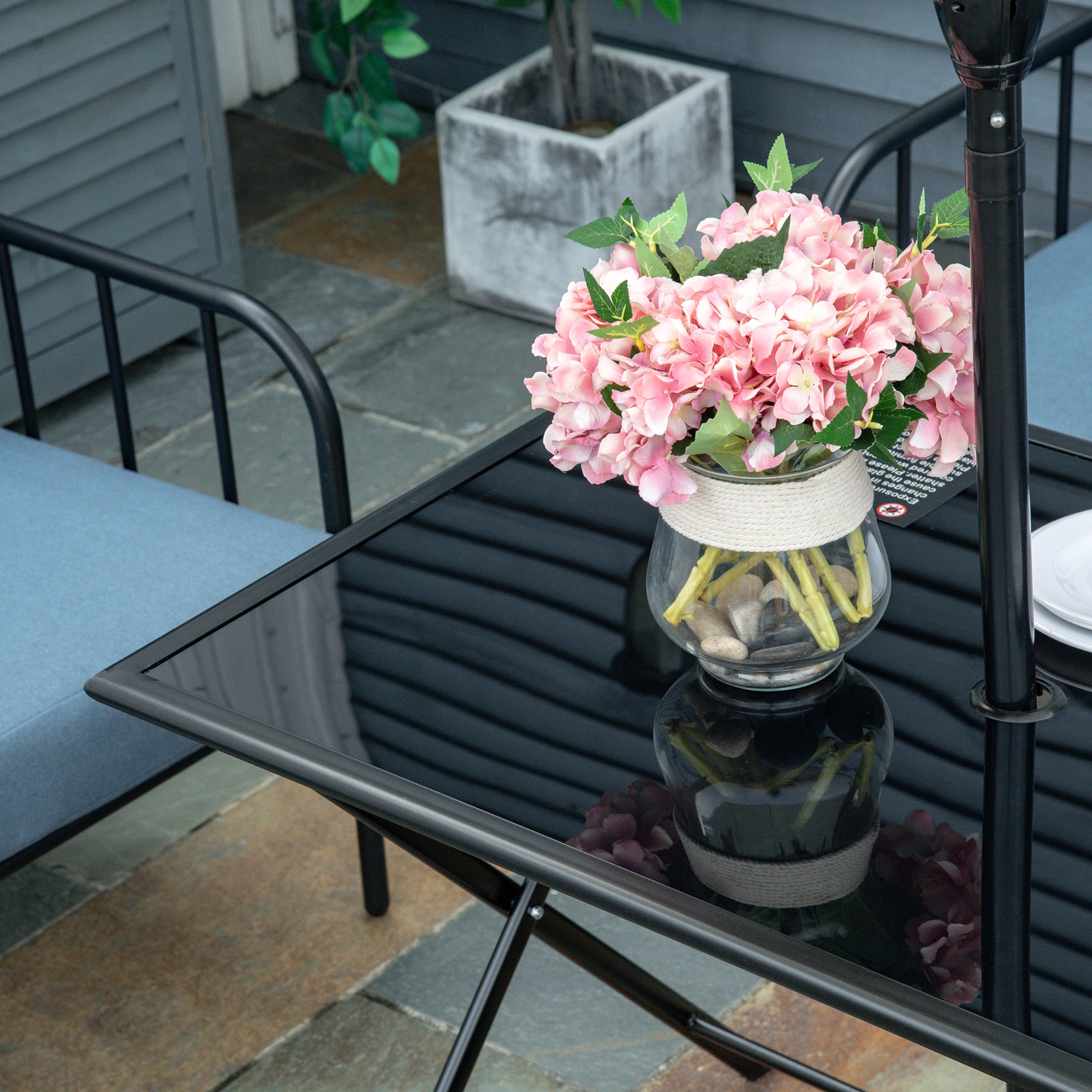 folding patio table with umbrella hole uk 6 Seater Folding Outdoor Dining Table with Glass Top