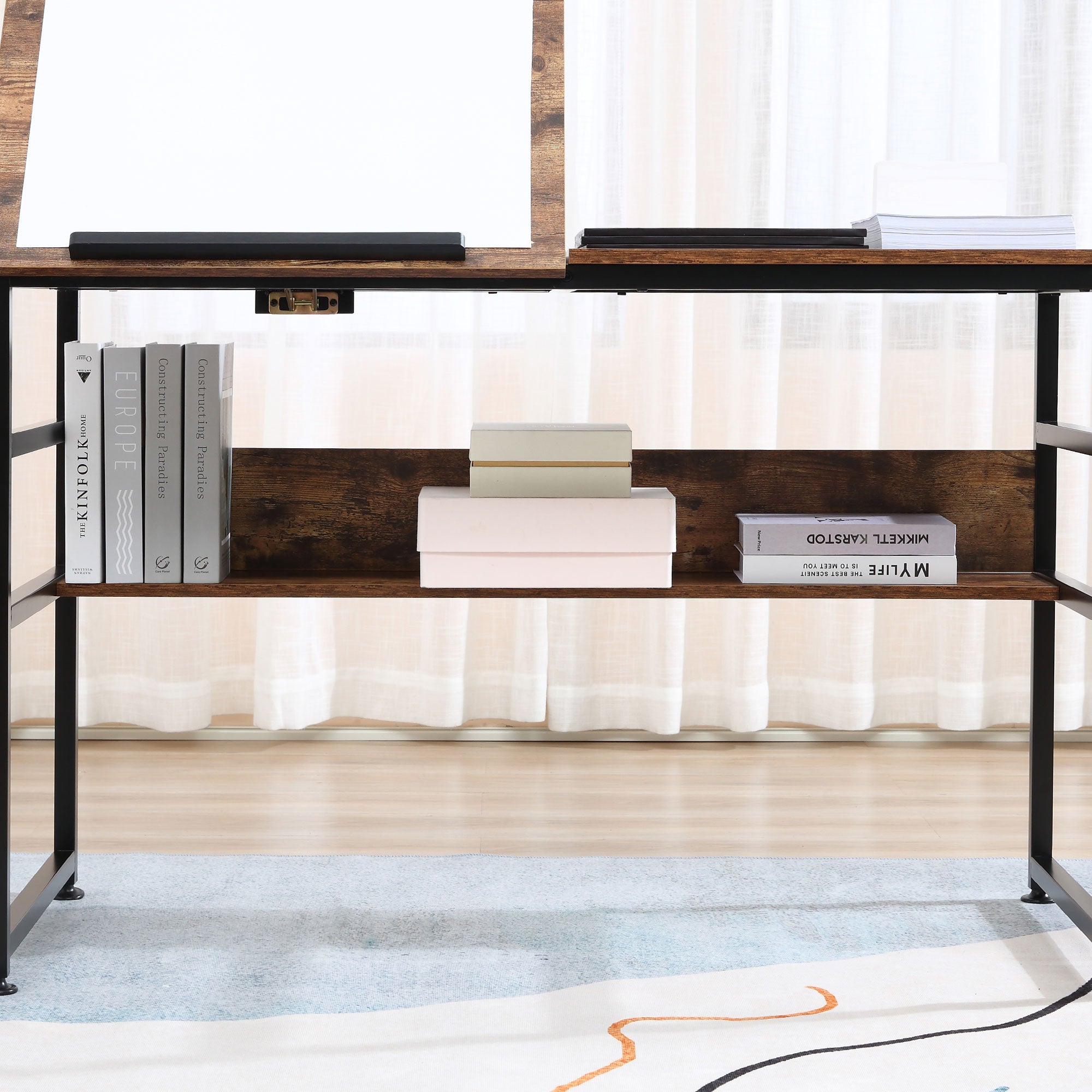 Adjustable Drafting and Art Desk with 15-Level Tabletop, Multifunctional Drawing and Craft Workstation - Rustic Brown Black