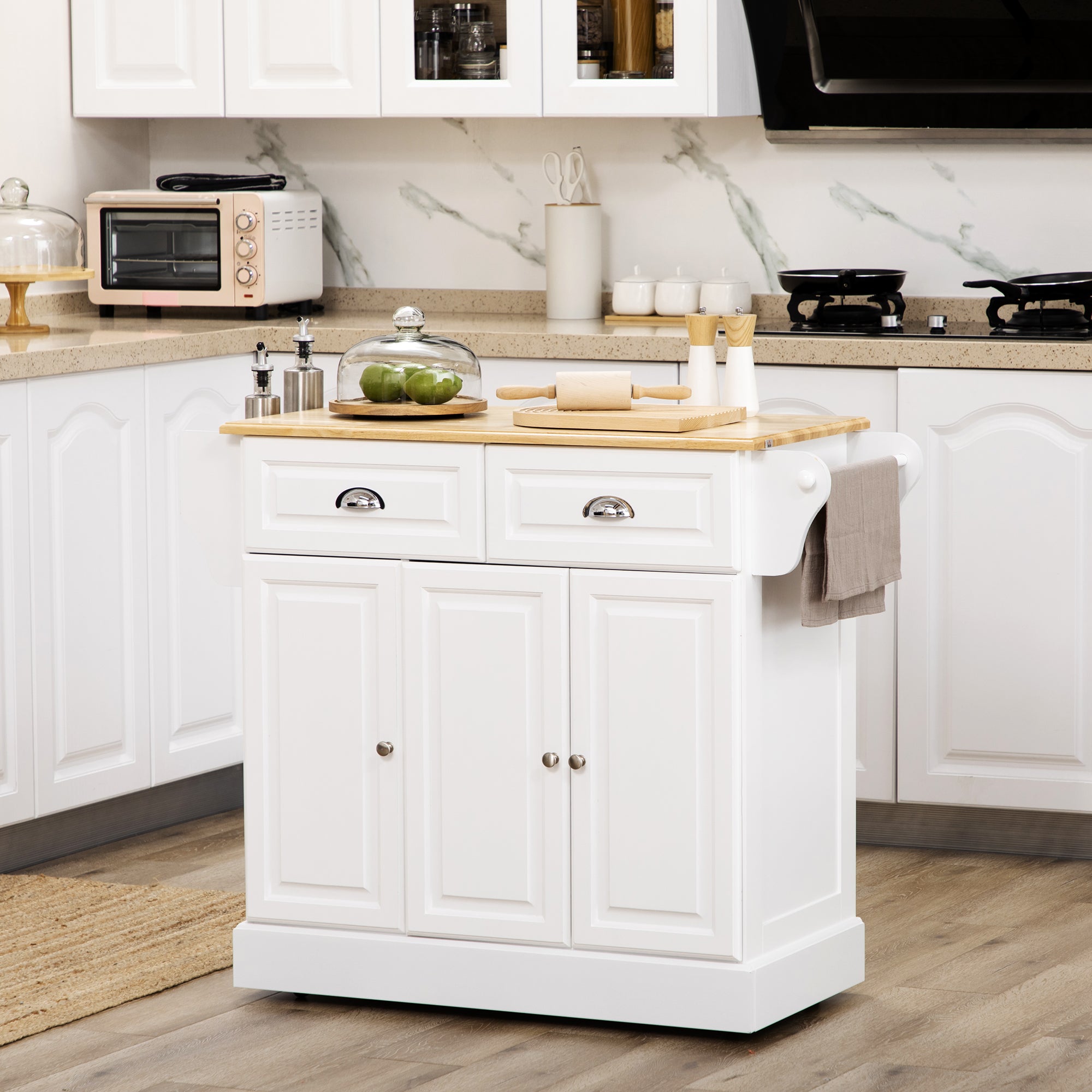 Kitchen Island with Storage Rolling Kitchen Serving Cart with Rubber Wood Top Towel Rack Storage Drawer Cabinet White