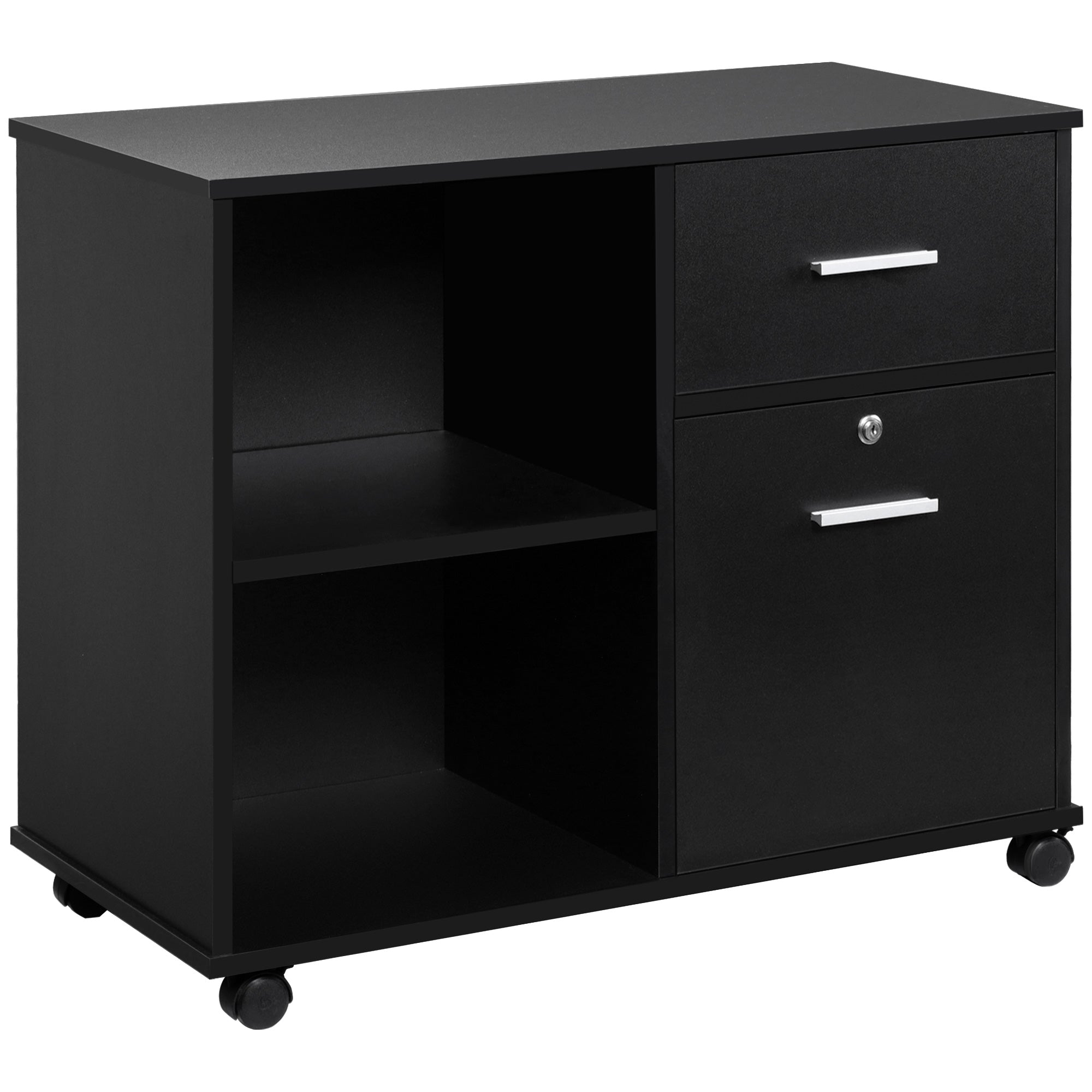 Filing Cabinet with Wheels, Mobile Printer Stand with Open Shelves and Drawers for A4 Size Documents, Black