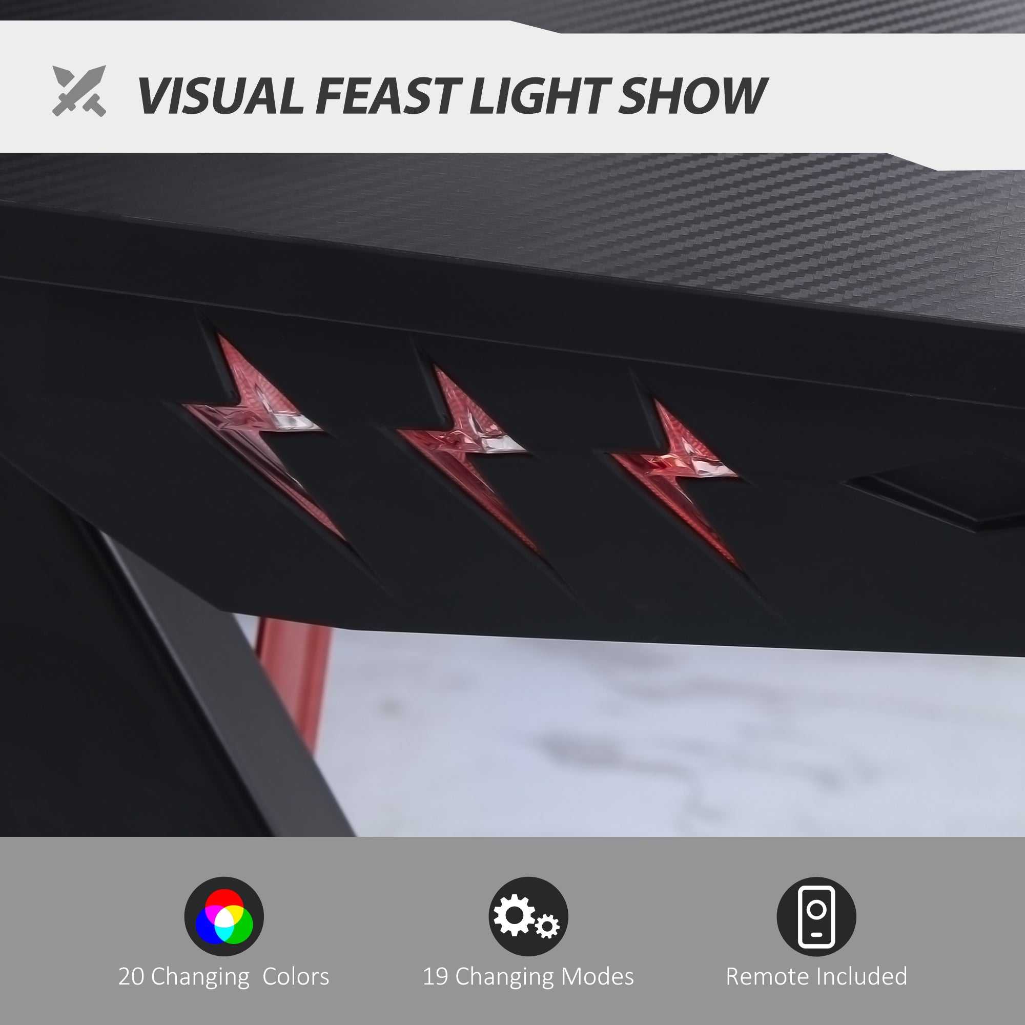 Racing Style Gaming Desk with LED Lights, Z-Shaped Computer Table Workstation with Cup Holder, Headphone Hook for Study, Home Office, Black