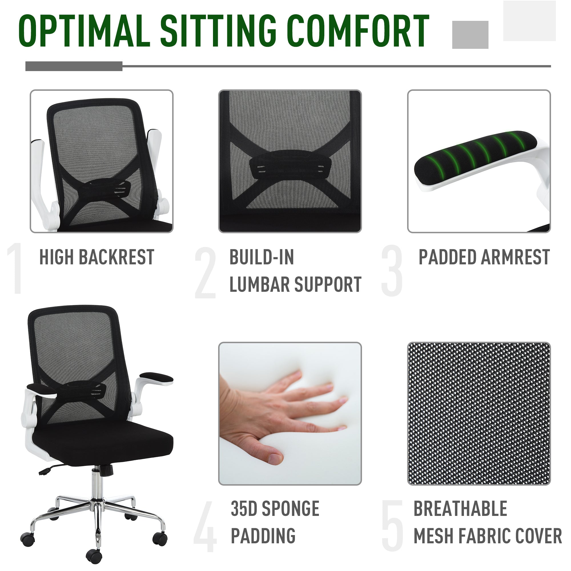Mesh Office Chair with Flip-Up Arm, Lumbar Support, Home Task High Back Swivel Chair Adjustable Height, Black