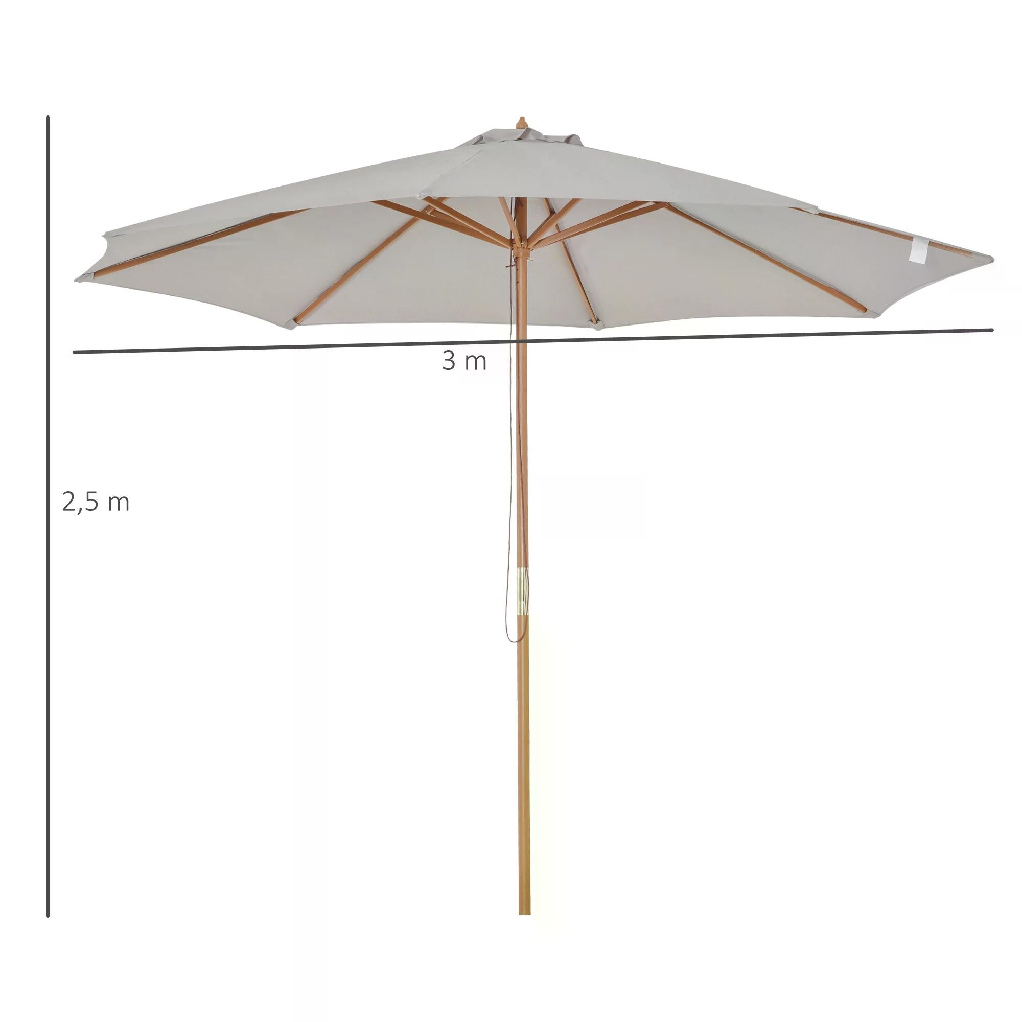 3m Fir Wooden Garden Parasol Bamboo Sun Shade Patio Umbrella Canopy - Grey