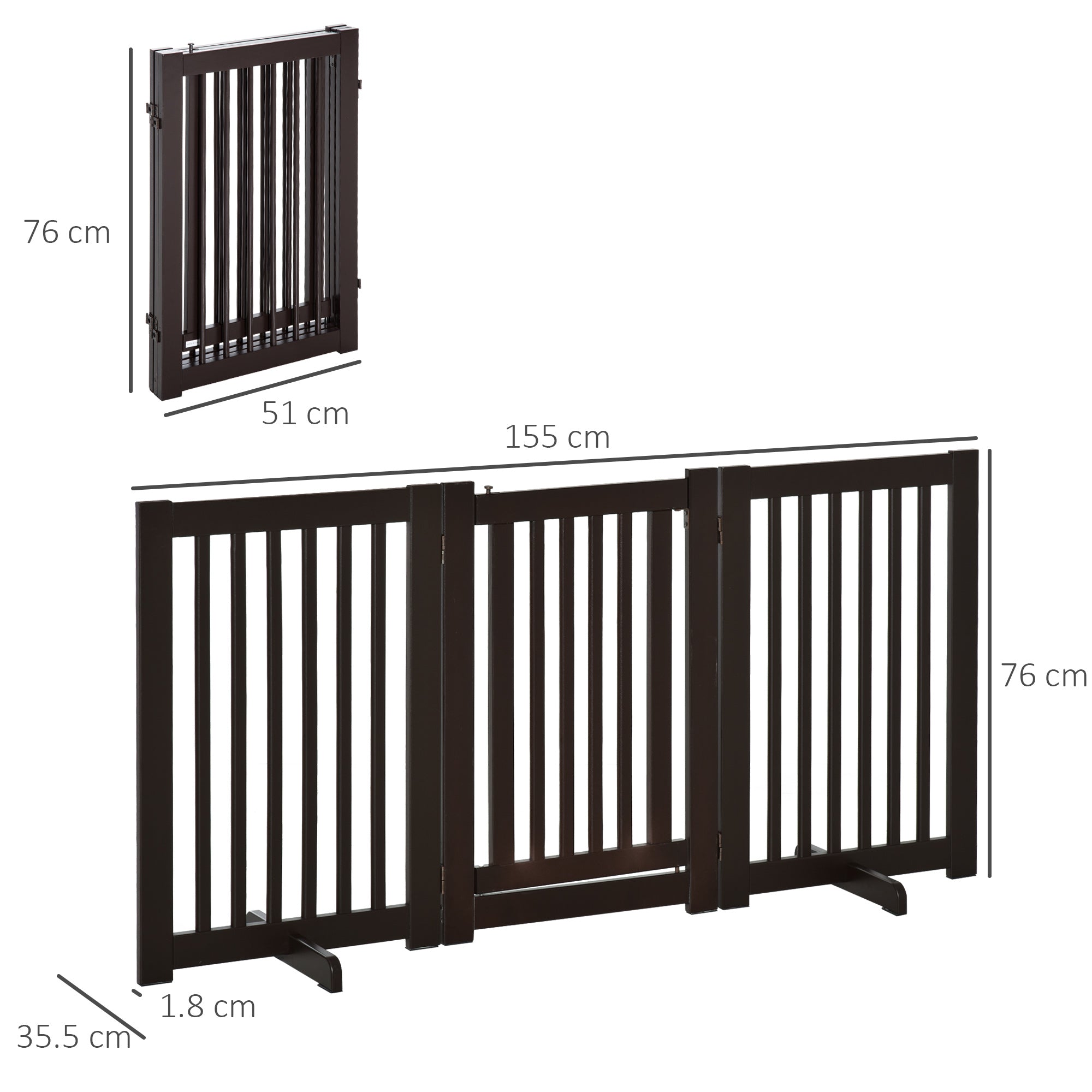 Pet Gate Freestanding Dog Gate For Stairs Wood Doorway Safety Pet Barrier Fence Foldable w/ Latch Support Feet Deep Brown, 155 x 76 cm