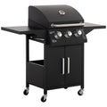 3 Burner Portable Gas BBQ Grill with Thermometer and Side Shelves - Black