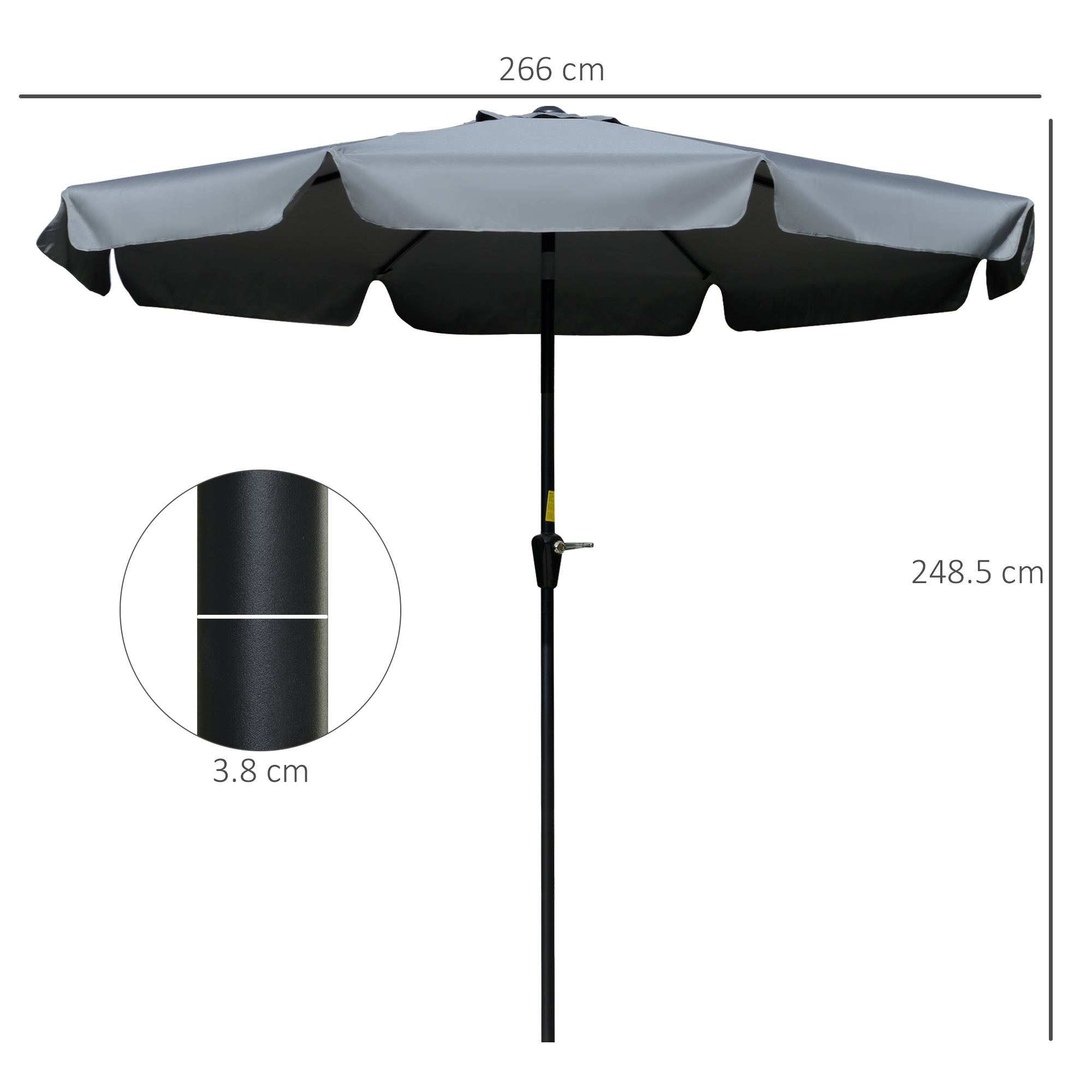 2.66m Patio Umbrella with Ruffles and Crank Handle - Charcoal Grey
