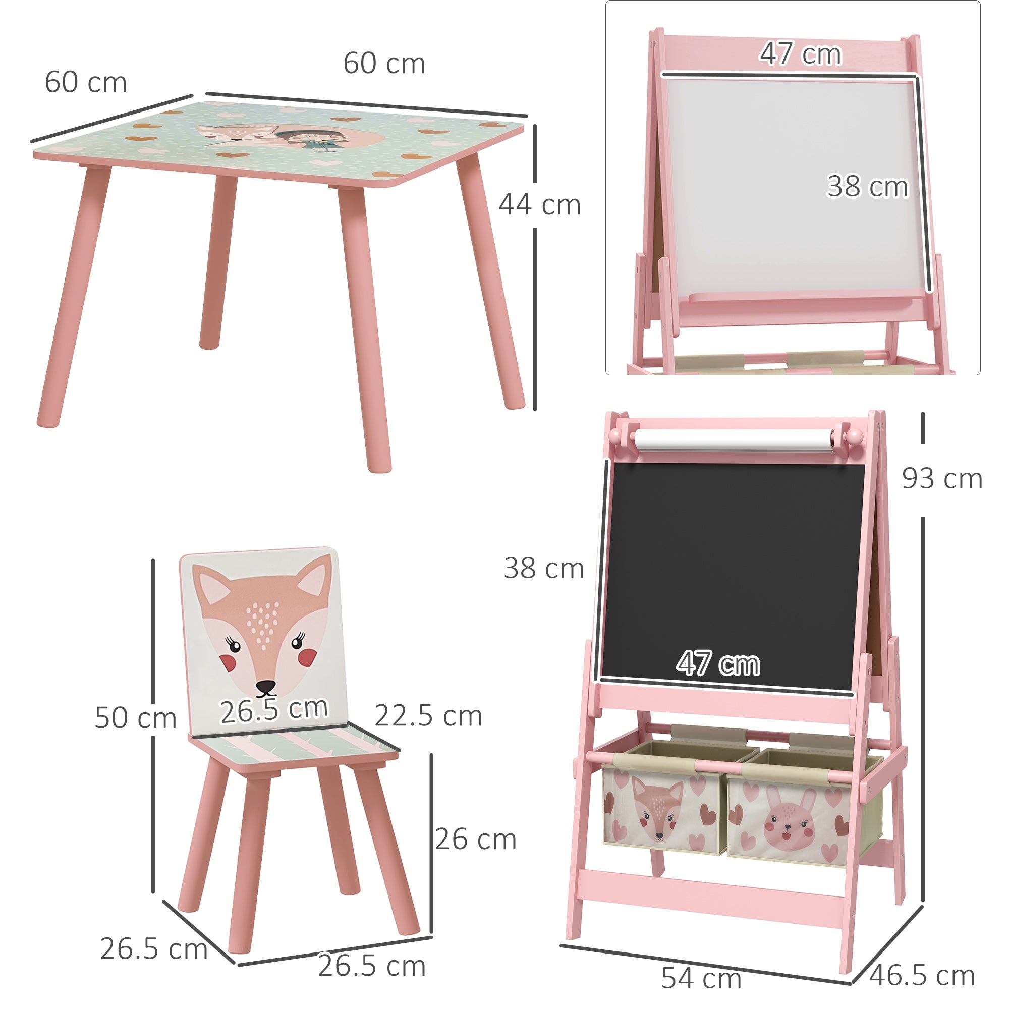 Kids Table and Chair Set and Kids Easel with Paper Roll, Storage Baskets, Kids Activity Furniture Set, Pink