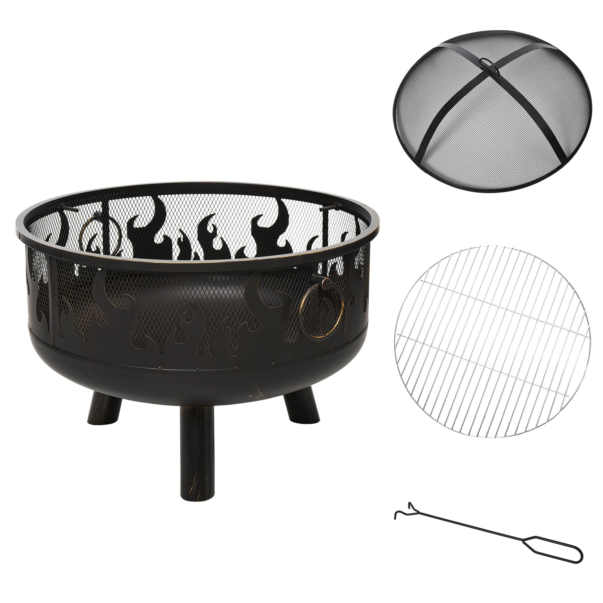 2-in-1 Outdoor Fire Pit and Steel BBQ Grill with Spark Screen and Fire Poker for Patio - Black