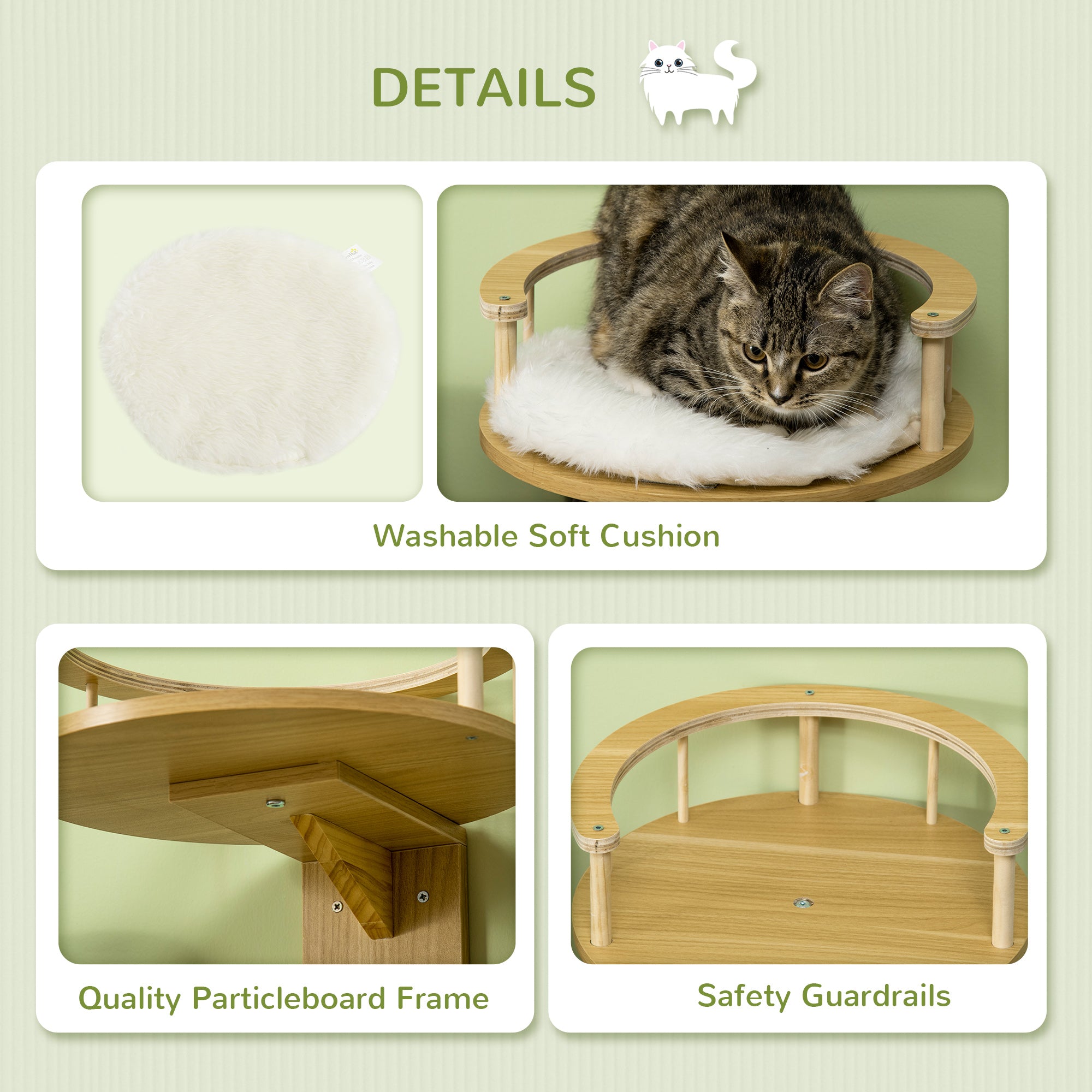 Cat Shelf Wall Mounted Cat Tree Kitten Bed Cat Perch with Cushion, Guardrails for Indoor Cats, 34 x 34 x 10.5 cm, Beige