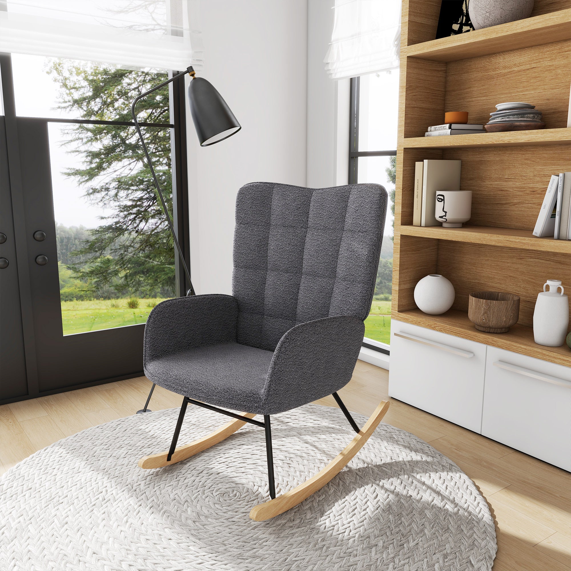 Wingback Rocking Chair for Nursing, Berber Fleece Nursery Glider Rocker, Modern Armchair for Living Room, Dark Grey