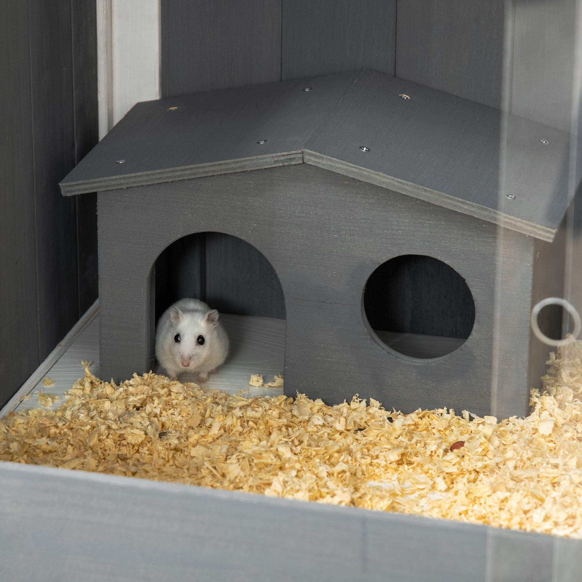 Wooden Hamster House Hamster Cage with Shelf, for Dwarf Hamsters, Gerbils, Rutin Chickens, with Huts, 82 x 45 x 81 cm, Dark Grey