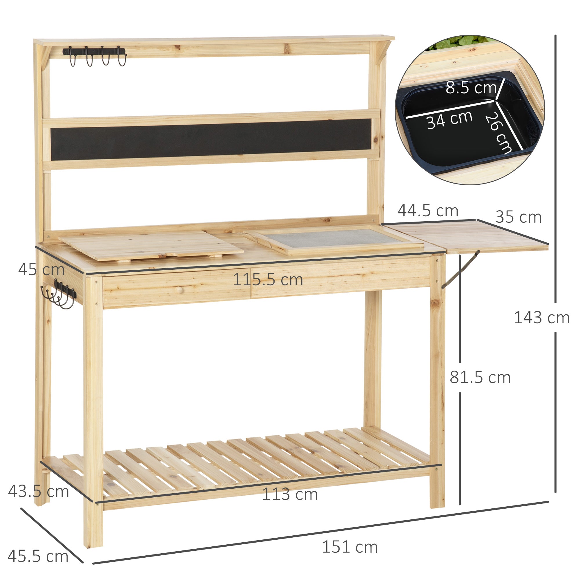 Potting Bench Table, Garden Work Bench, Workstation with Metal Sieve Screen, Chalkboard, Hidden Sink, Drawer for Patio, Courtyards, Balcony