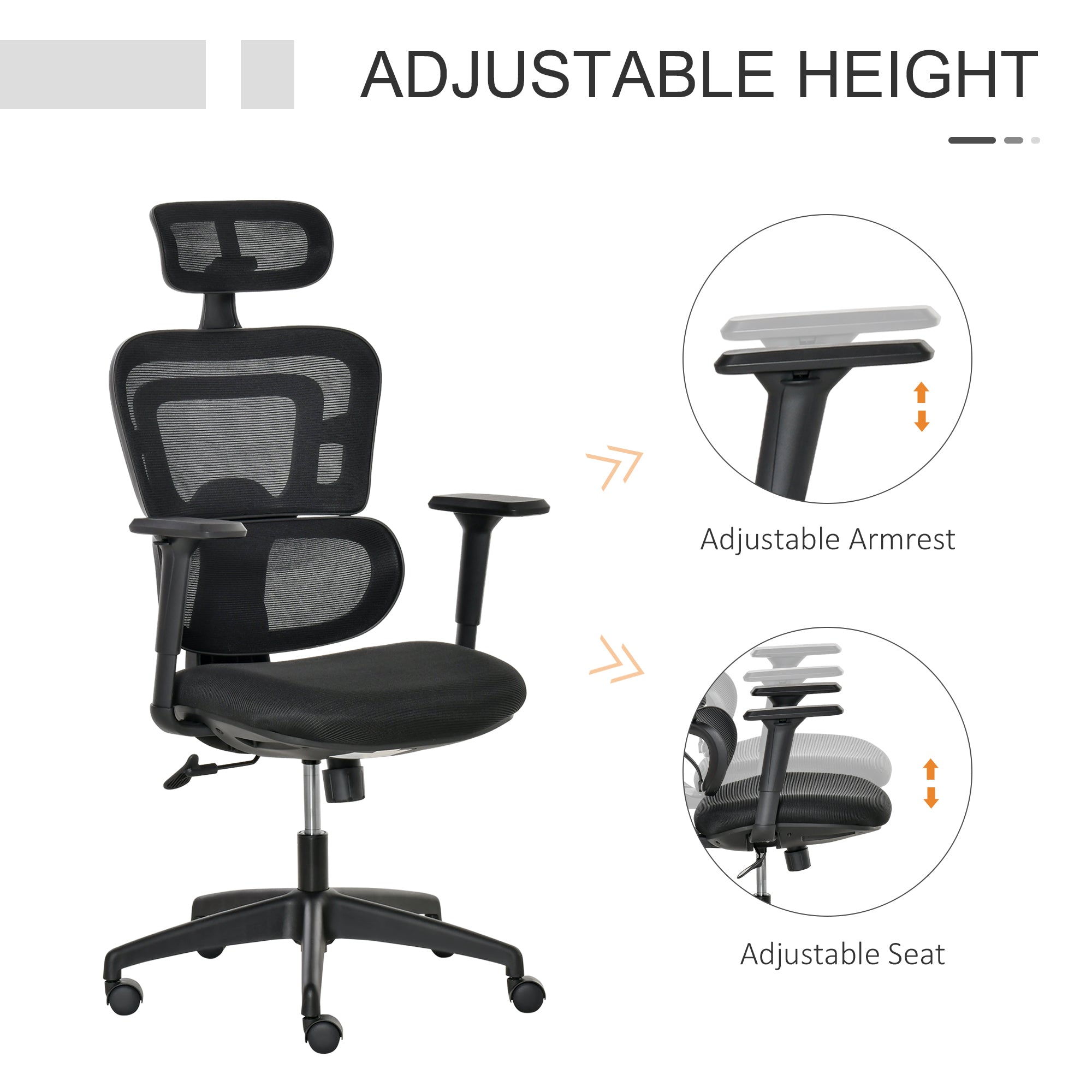 Mesh Office Chair, Ergonomic High-Back Swivel Desk Chair with Adjustable Height, Headrest, Lumbar Support, Padded Seat for Home Office Black