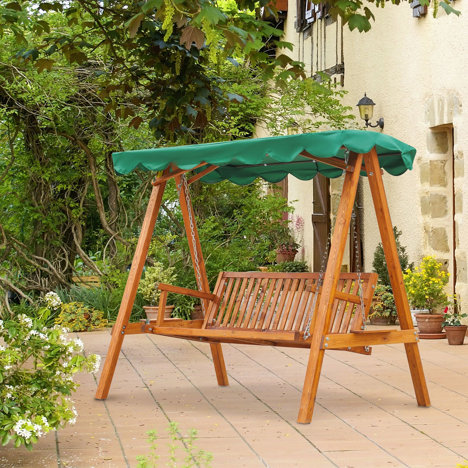 3-Seater Wooden Garden Swing Chair Seat Bench, Green