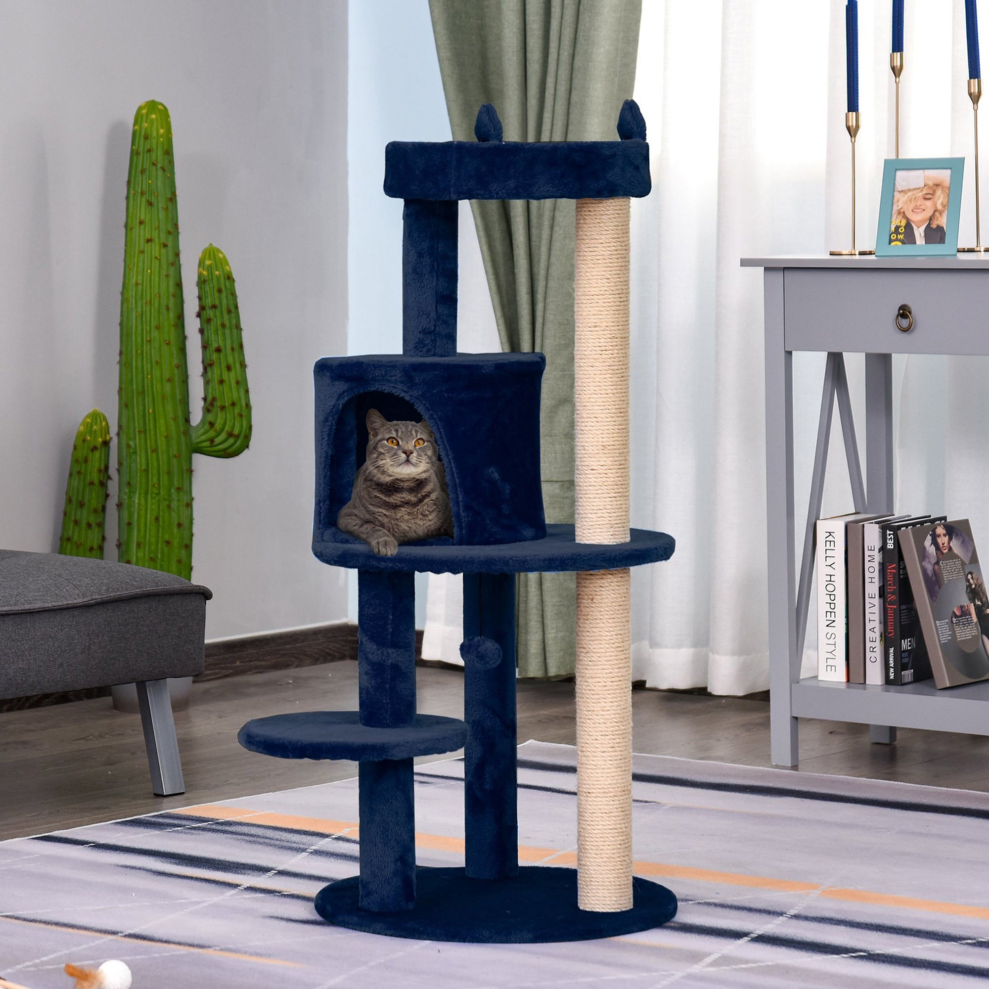 Cats 3-Tier Sisal Rope Scratching Post w/ Dangle Toy Blue