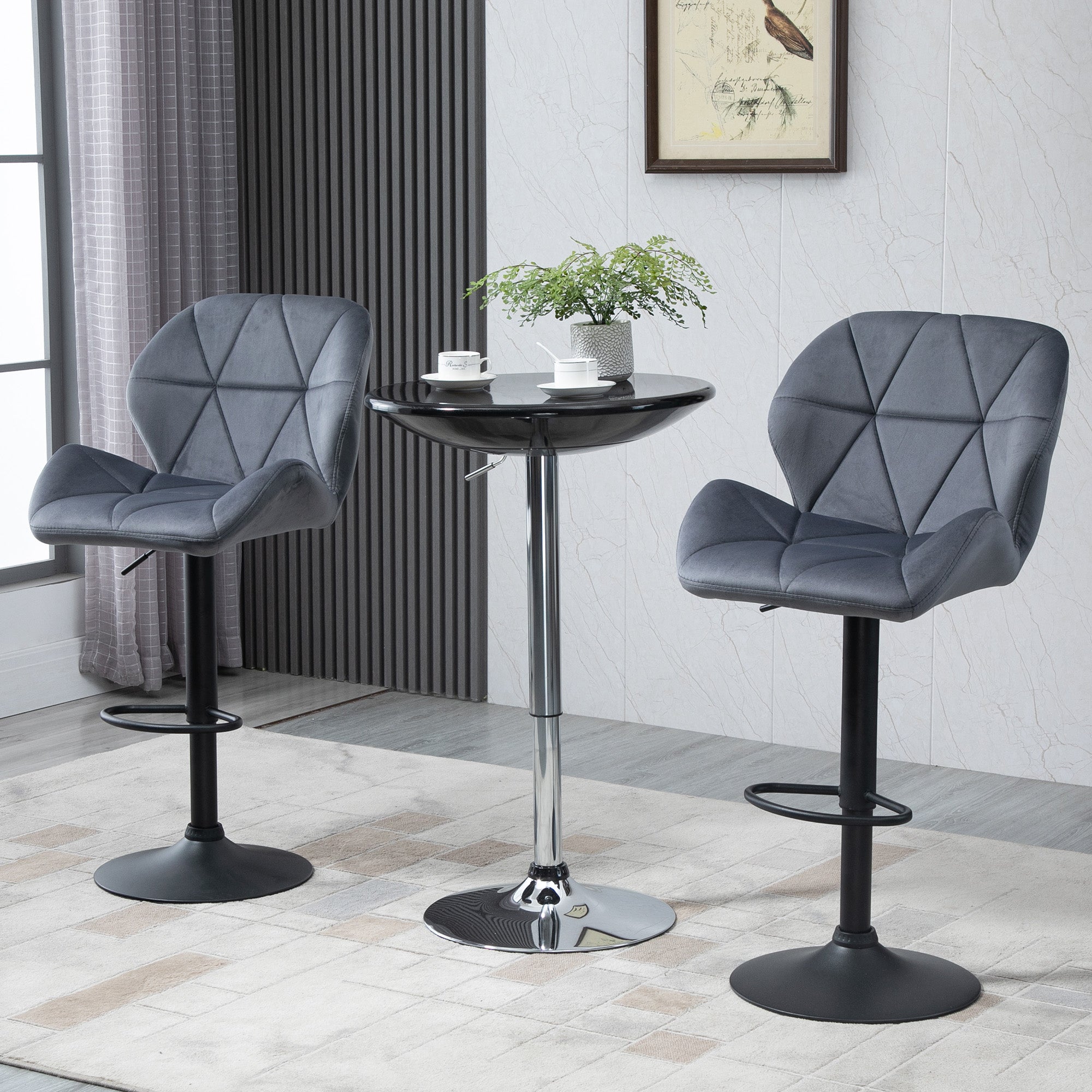 Set of 2 Adjustable Bar stools With Backs , Armless Upholstered Swivel Counter Chairs, Barstools with Back, Footrest, Dark Grey