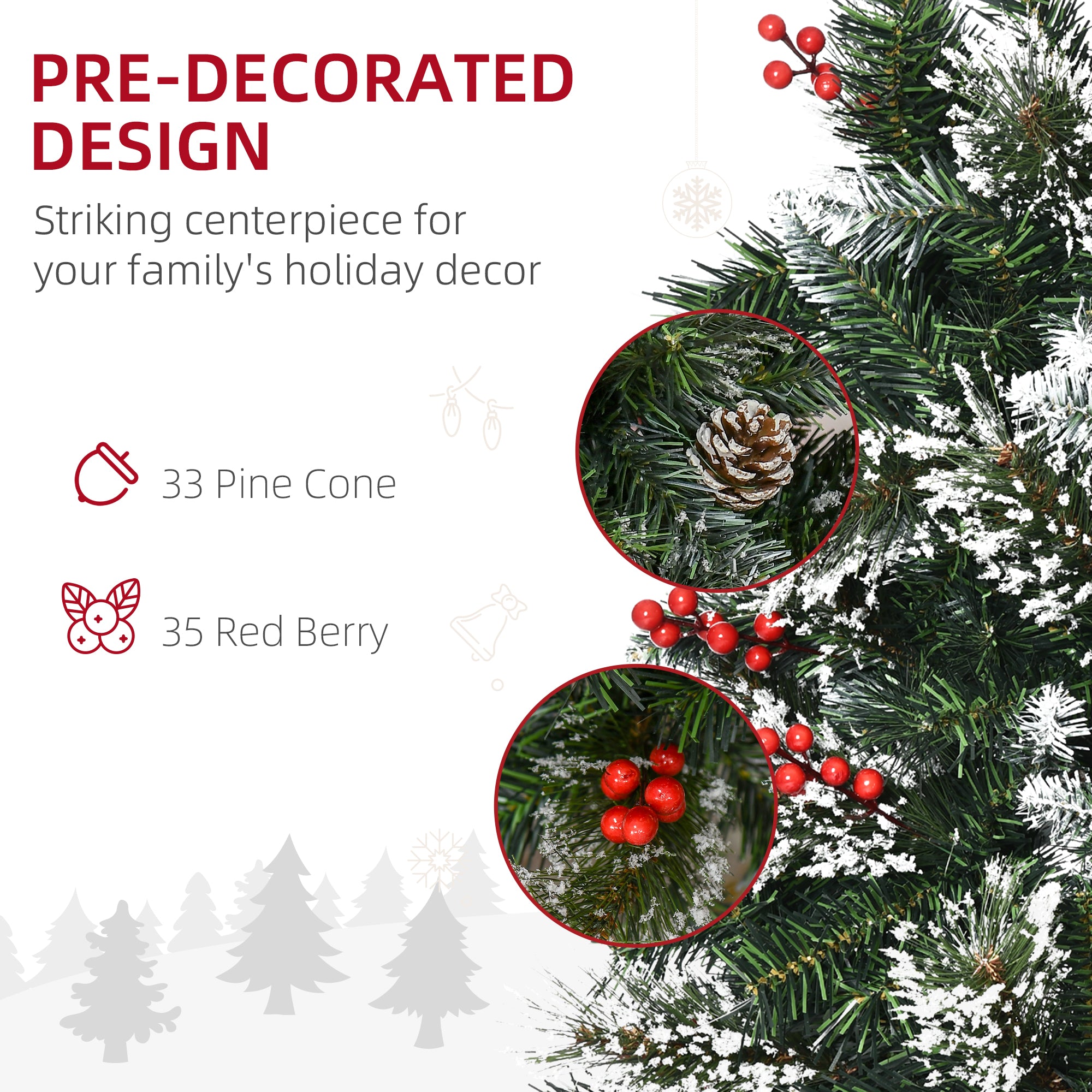 6 Foot Snow Dipped Artificial Christmas Tree Slim Pencil Xmas Tree with 588 Realistic Branches, Pine Cones, Red Berries, Auto Open, Green