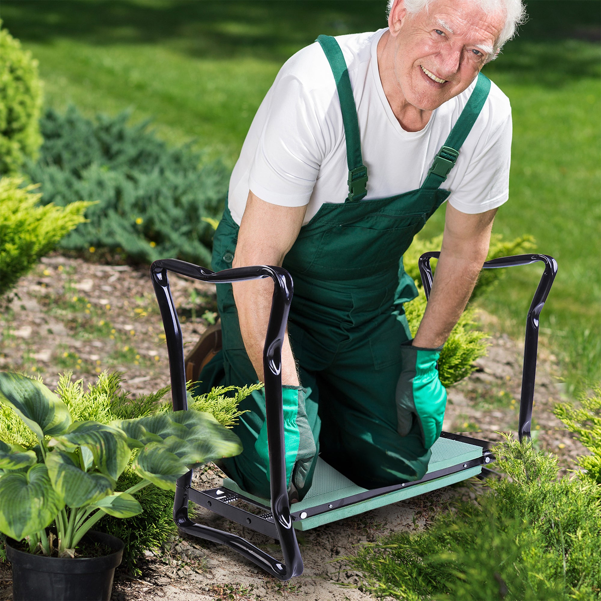 2-in-1 Garden Patio Seat Kneeling Pad Support Bench Foldable Knee Protector - Green