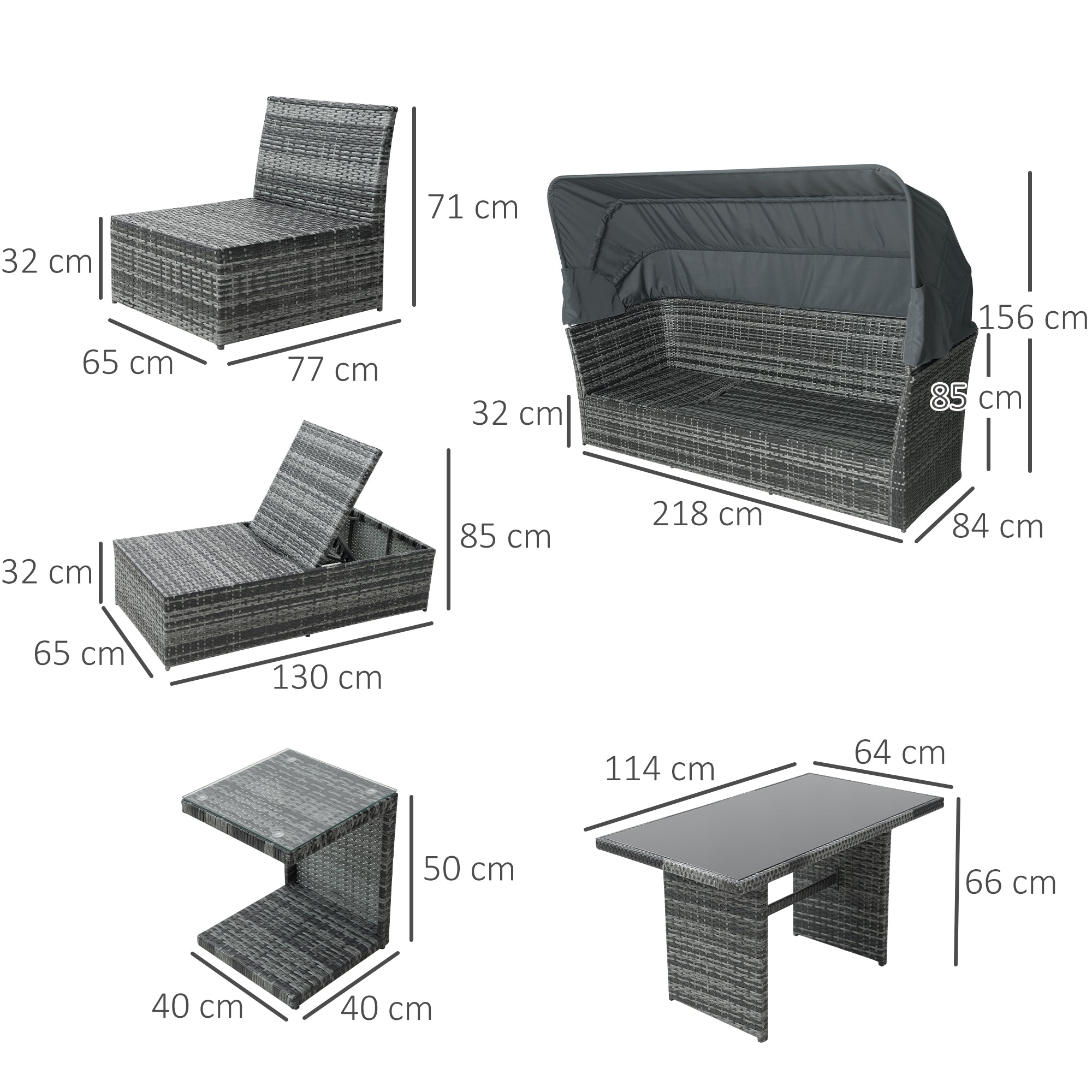 5-Seater Outdoor Rattan Garden Sofa Sets Reclining Sofa Adjustable Canopy & Side Dining Table Set, Mixed Grey