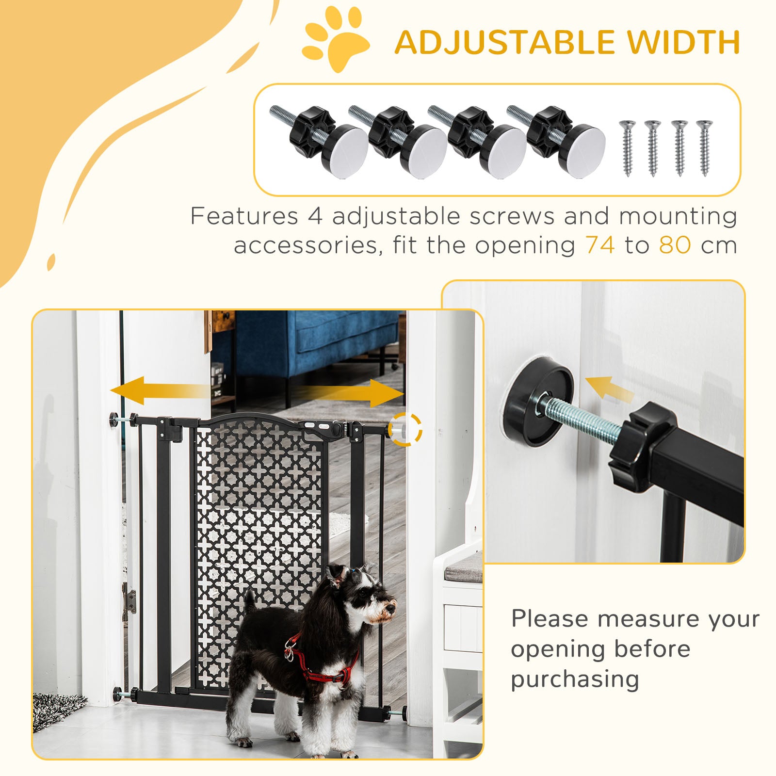 74-80 cm Pet Safety Gate Barrier Stair Pressure Fit with Auto Close and Double Locking for Doorways, Hallways, Black