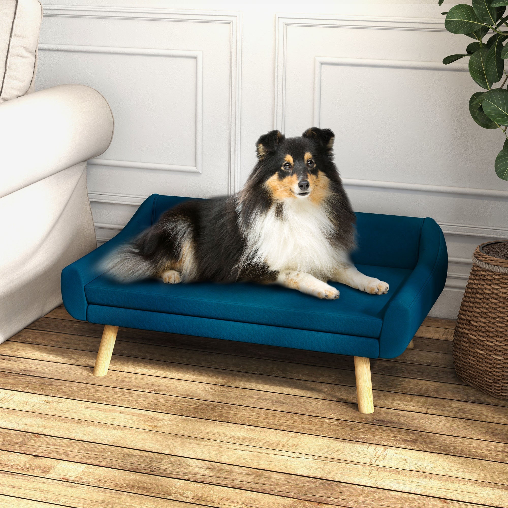 Dog Couch with Soft Cushion, Pet Sofa Bed with Wooden Frame, Removable Cover, for Medium and Large Dogs, Blue