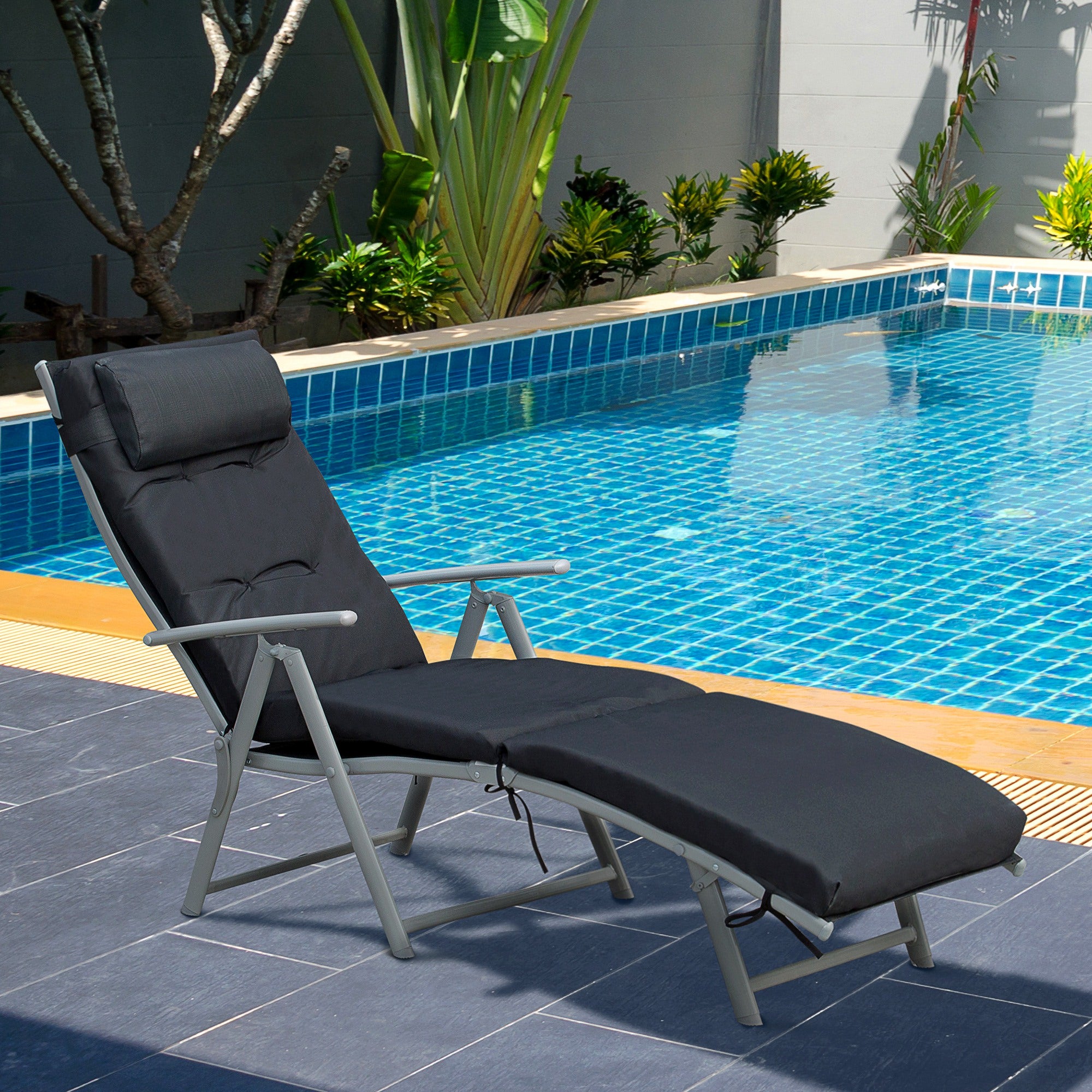 Outdoor Patio Sun Lounger Garden Texteline Foldable Reclining Chair Pillow Adjustable Recliner with Cushion - Black