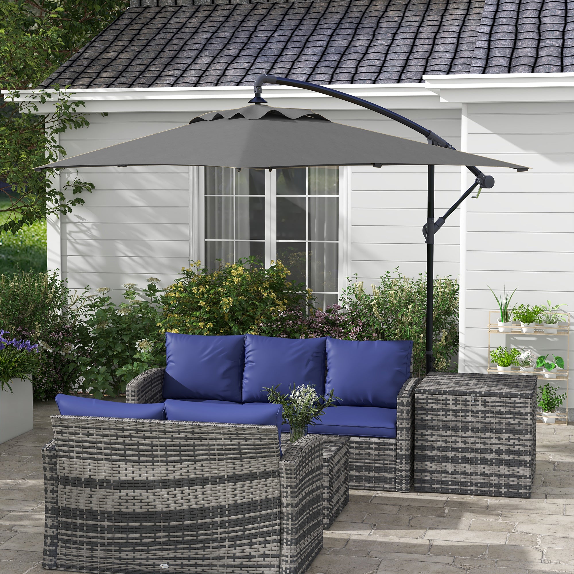 3x2m Rectangular Cantilever Parasol with Crank Handle and Cross Base - Grey