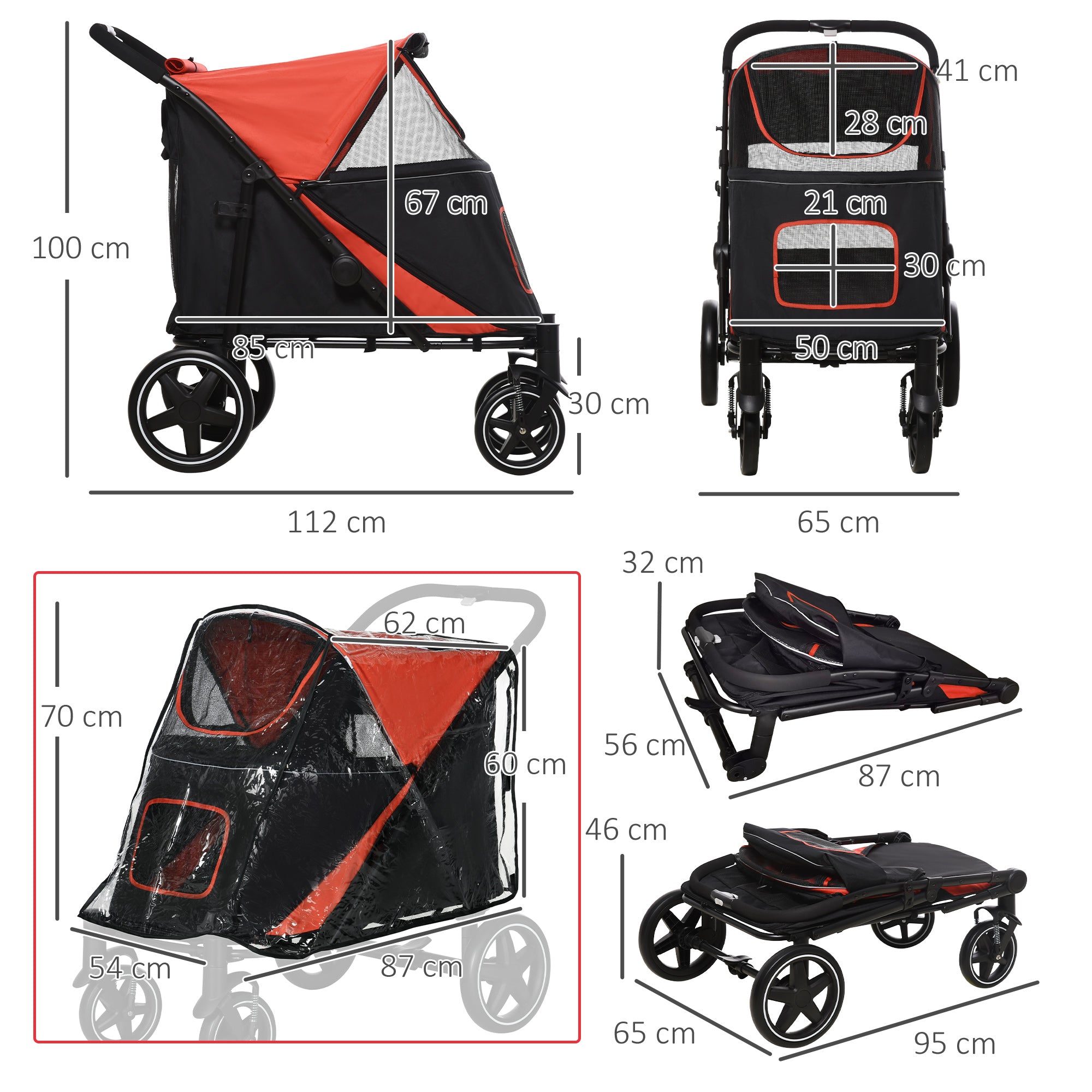 One-Click Foldable Pet Travel Stroller with Rain Cover, Cat Dog Pushchair with Front Wheels, Shock Absorber, Storage Bags, Mesh