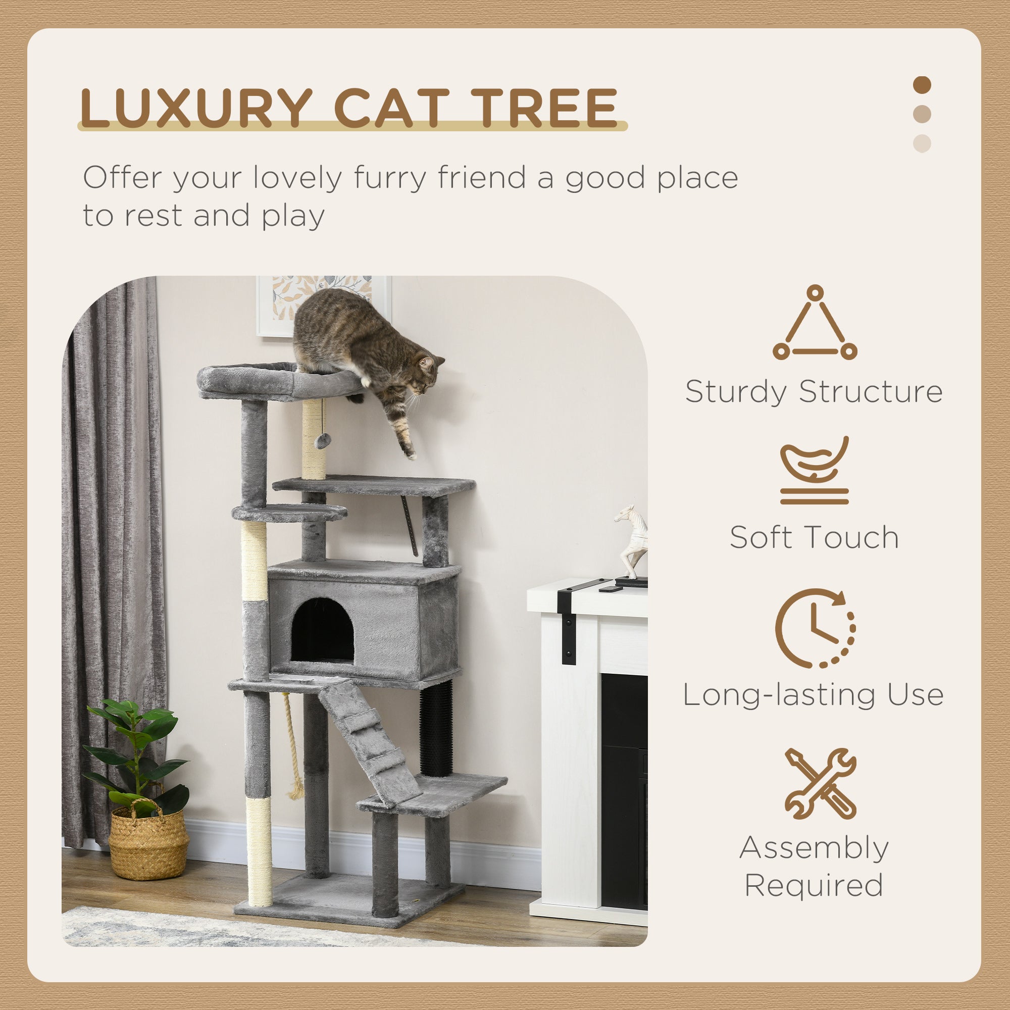 Cat Tree Tower for Indoor Cats, with Scratching Post, Cat House, Toy, Grey