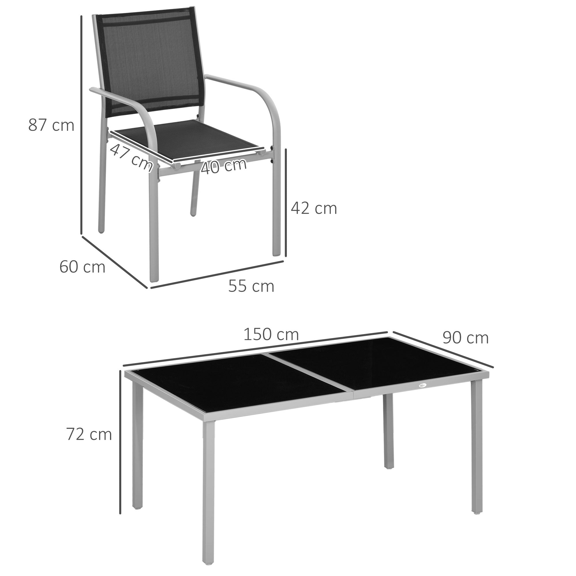 7 Piece Outdoor Garden Dining Set with Table and 6 Stackable Chairs, Steel Frame, Tempered Glass Top, Mesh Seats, Black