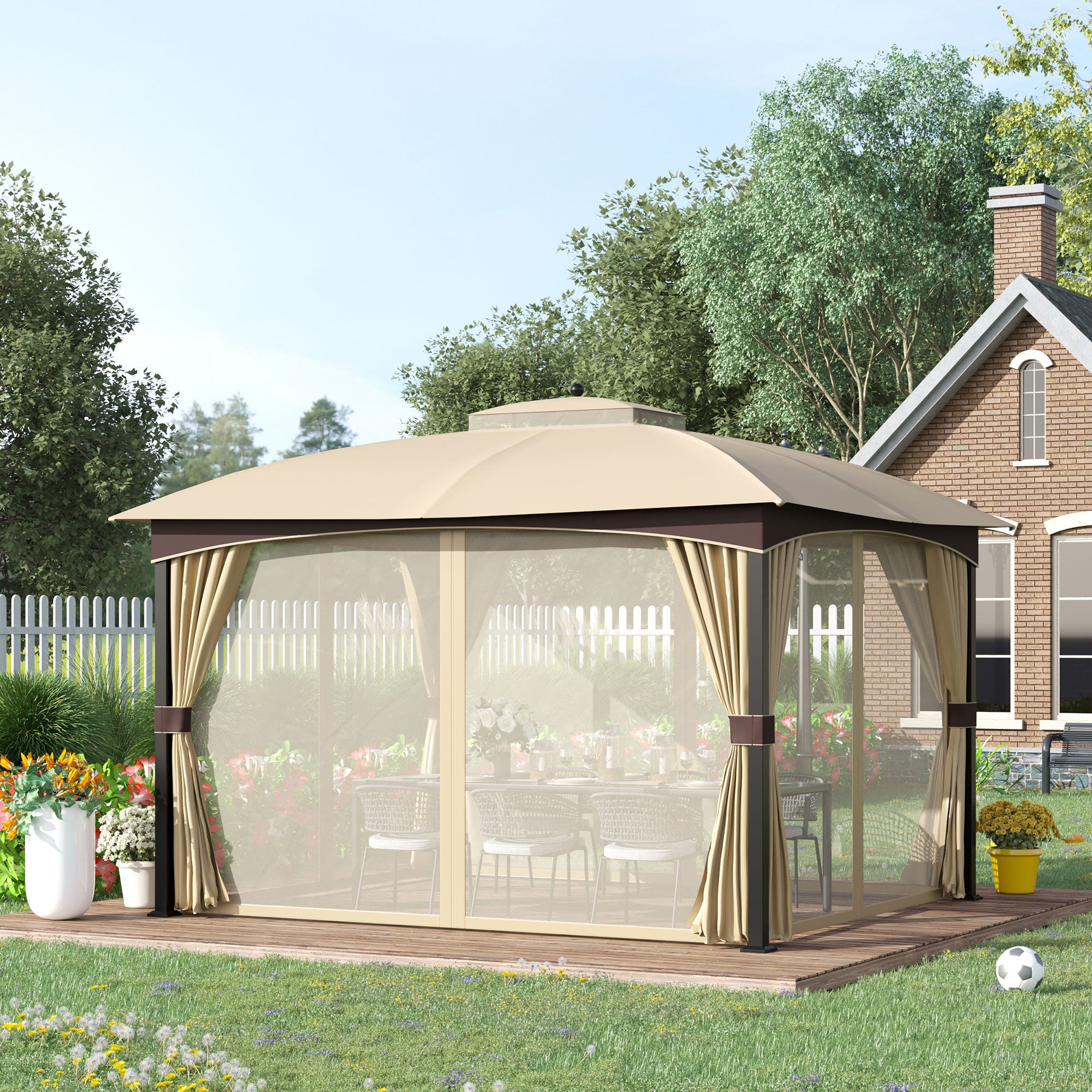 4 x 3(m) Patio Gazebo, Garden Canopy Shelter with Double Tier Roof, Removable Netting and Curtains for Lawn, Poolside, Khaki