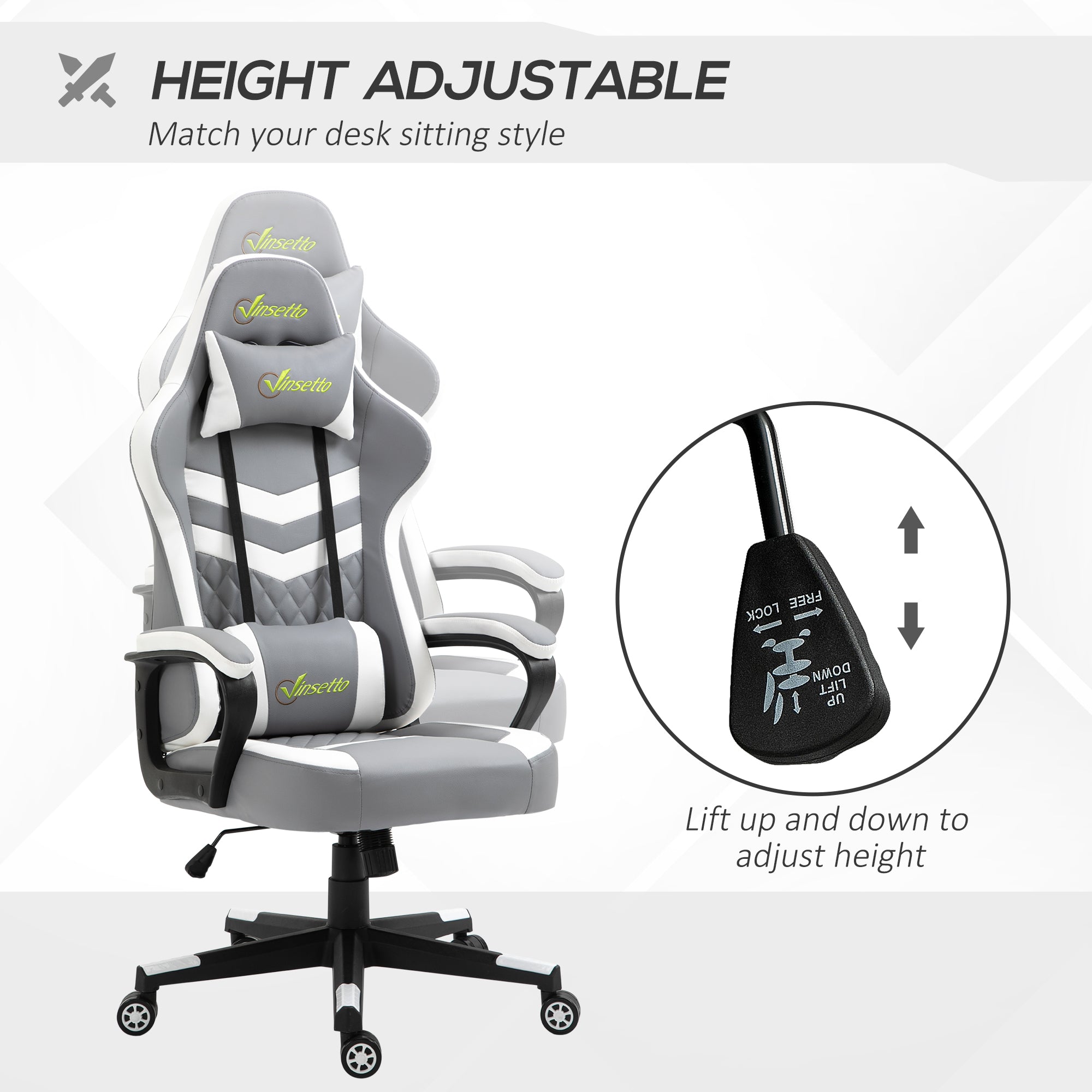 Racing Gaming Chair with Lumbar Support, Headrest, Swivel Wheel, PVC Leather Gamer Desk Chair for Home Office, Grey White