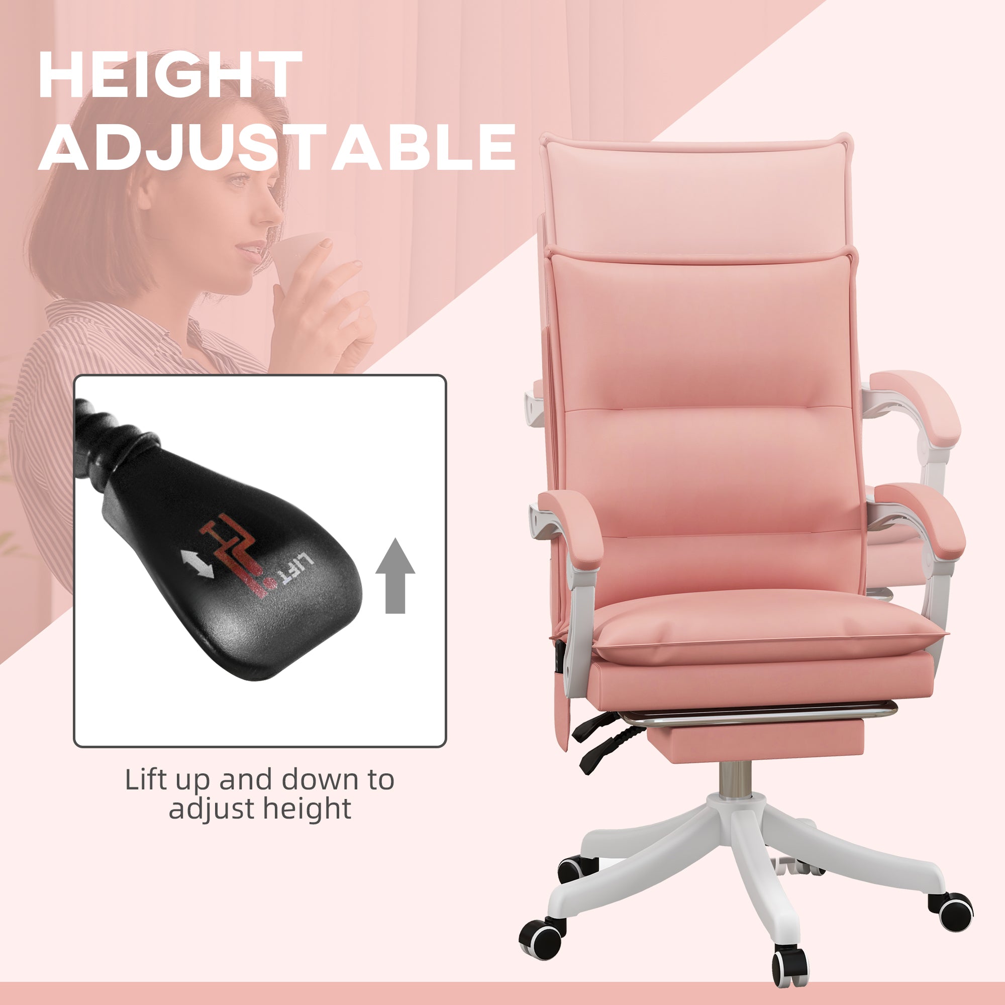 Vibration Massage Office Chair with Heat, Faux Leather Computer Chair with Footrest, Armrest, Reclining Back, Double-tier Padding, Pink