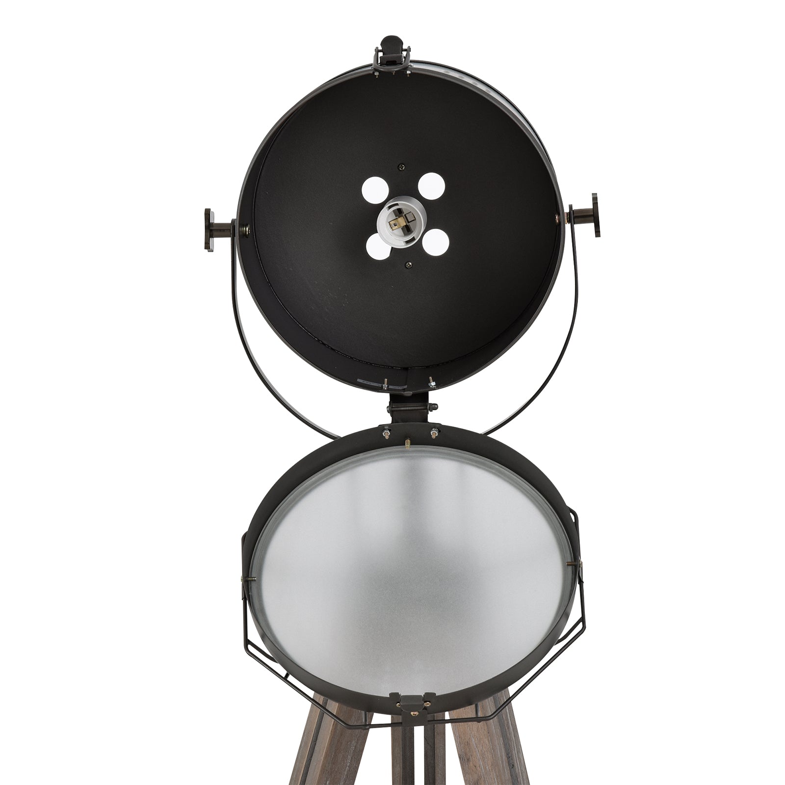 Industrial Tripod Floor Lamp with Vintage Spotlight and Wooden Legs E27 Base - Grey