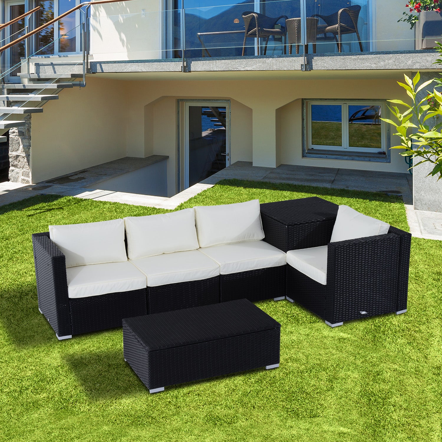 4-Seater Rattan Garden Corner Sofa Set Wicker 4 Seater Garden Weave Furniture w/ Cushion Black