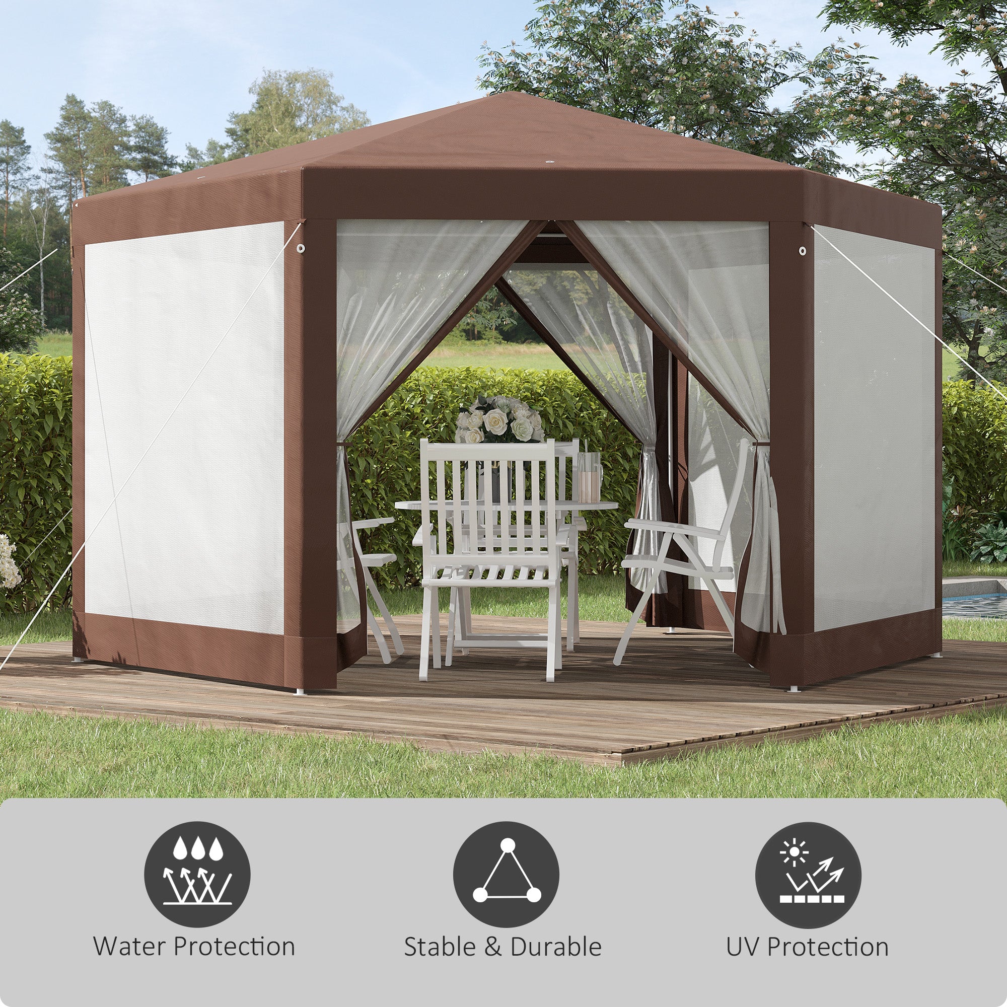Hexagonal Garden Gazebo with Mosquito Netting and Zipped Doors - Brown