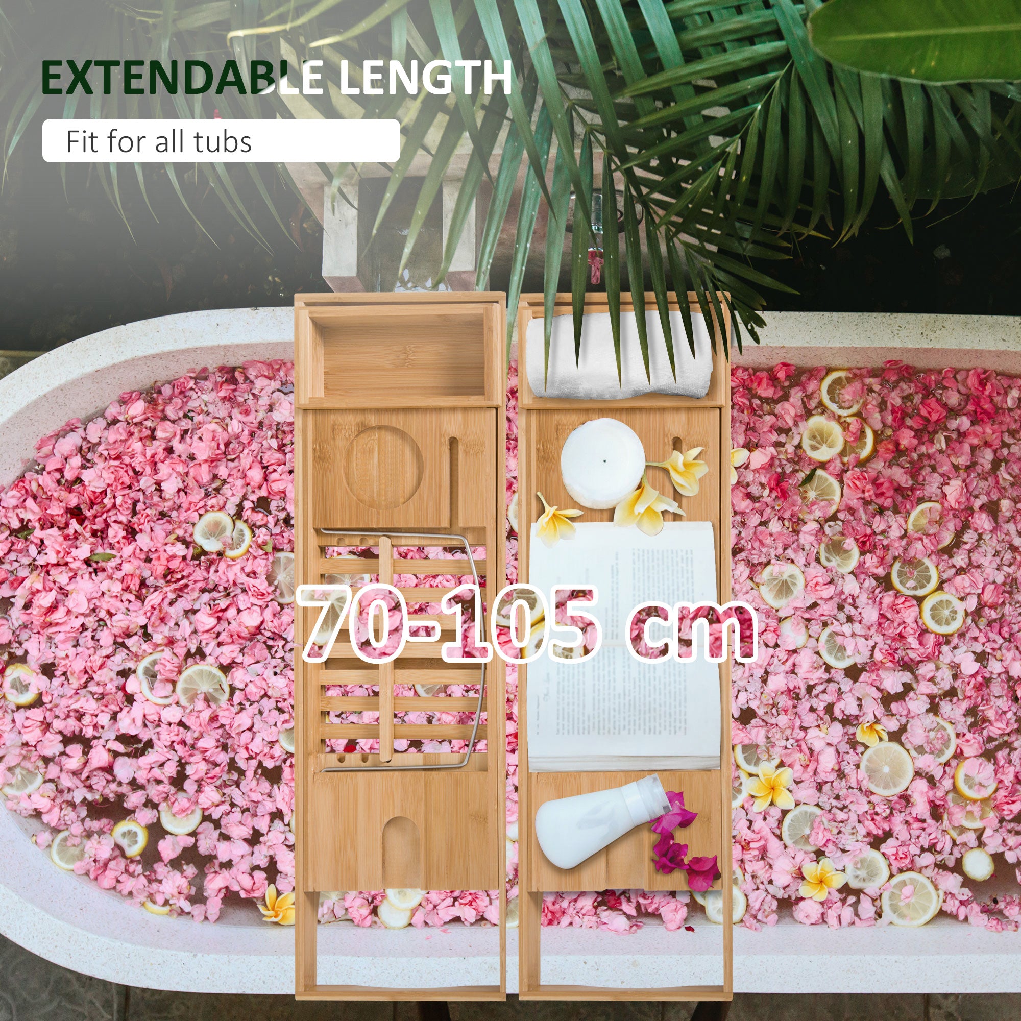 Extendable Bamboo Bathtub Shelf Rack Bath Caddy Tray Set of 2 - Bamboo