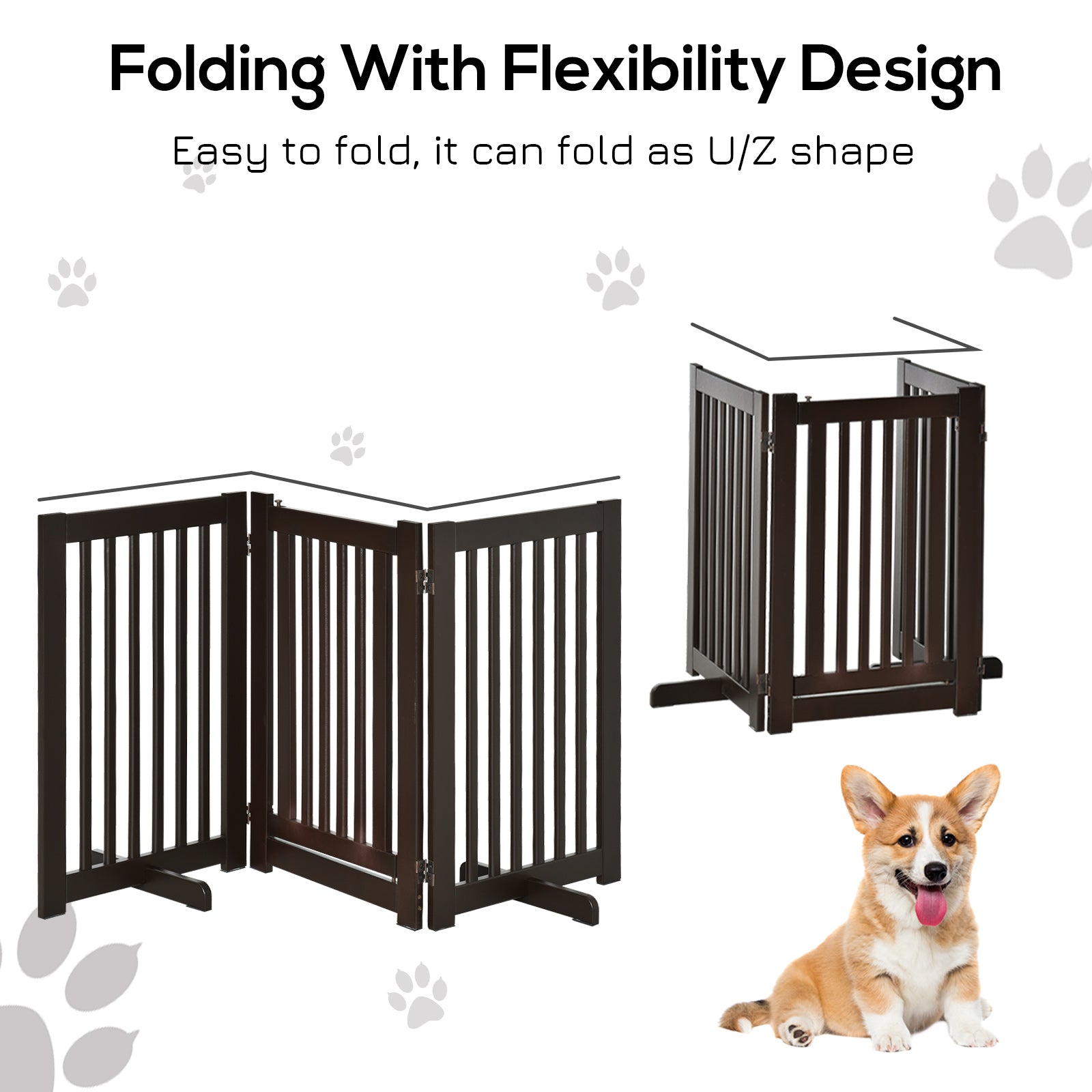 Pet Gate Freestanding Dog Gate For Stairs Wood Doorway Safety Pet Barrier Fence Foldable w/ Latch Support Feet Deep Brown, 155 x 76 cm