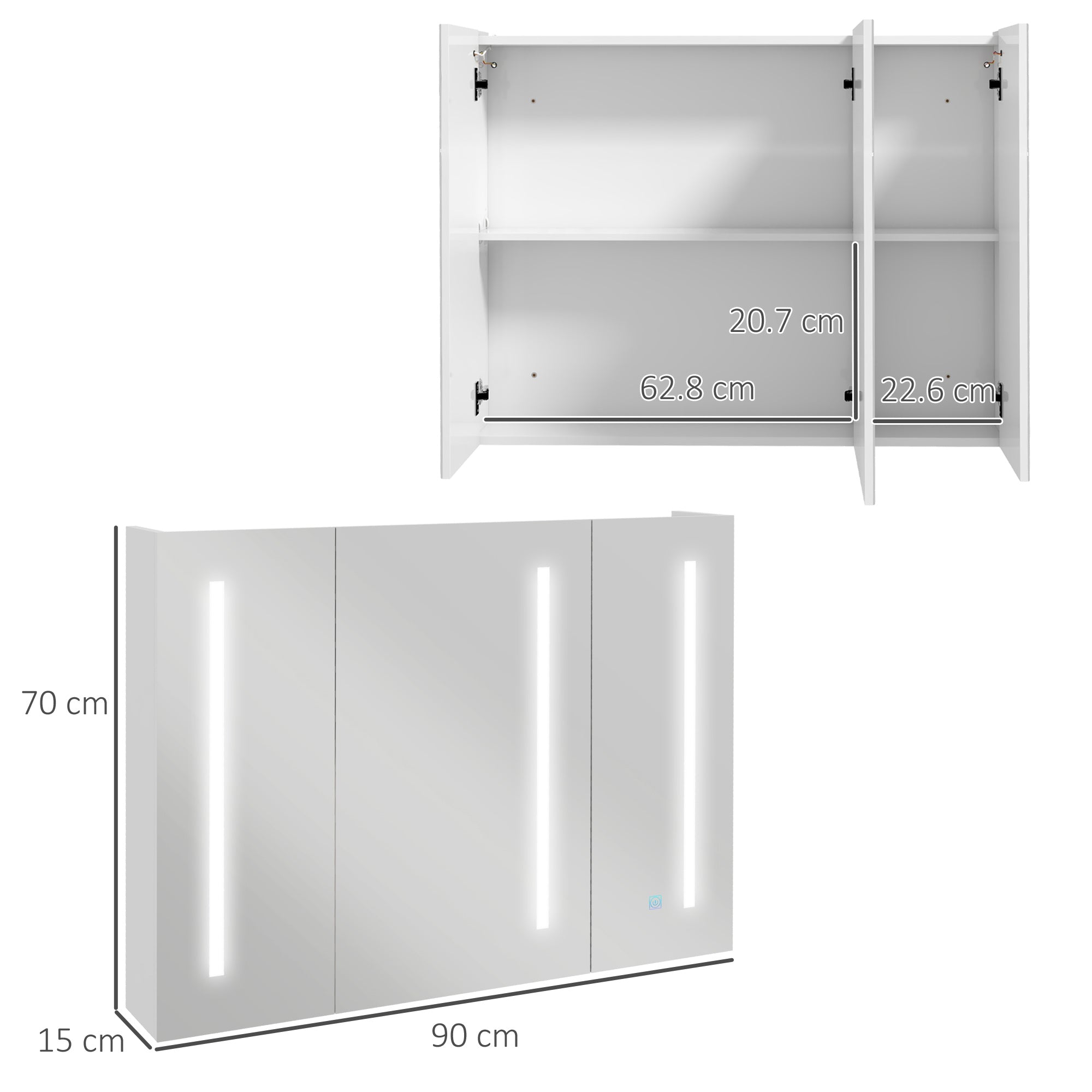 Bathroom Wall Wardrobe with Light, Bathroom Storage Cupboard with USB Charge, Adjustable Shelf, 90L x 15H x 70Dcm, White