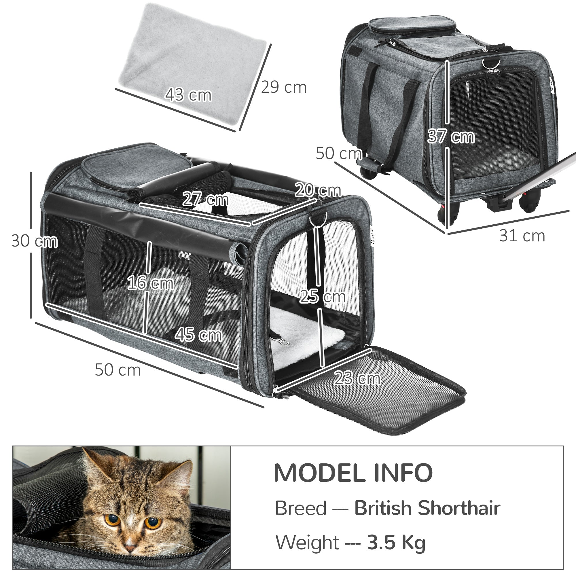 4 in 1 Pet Carrier Portable Cat Carrier Foldable Dog Bag On Wheels for Cats, Miniature Dogs w/ Telescopic Handle, Grey