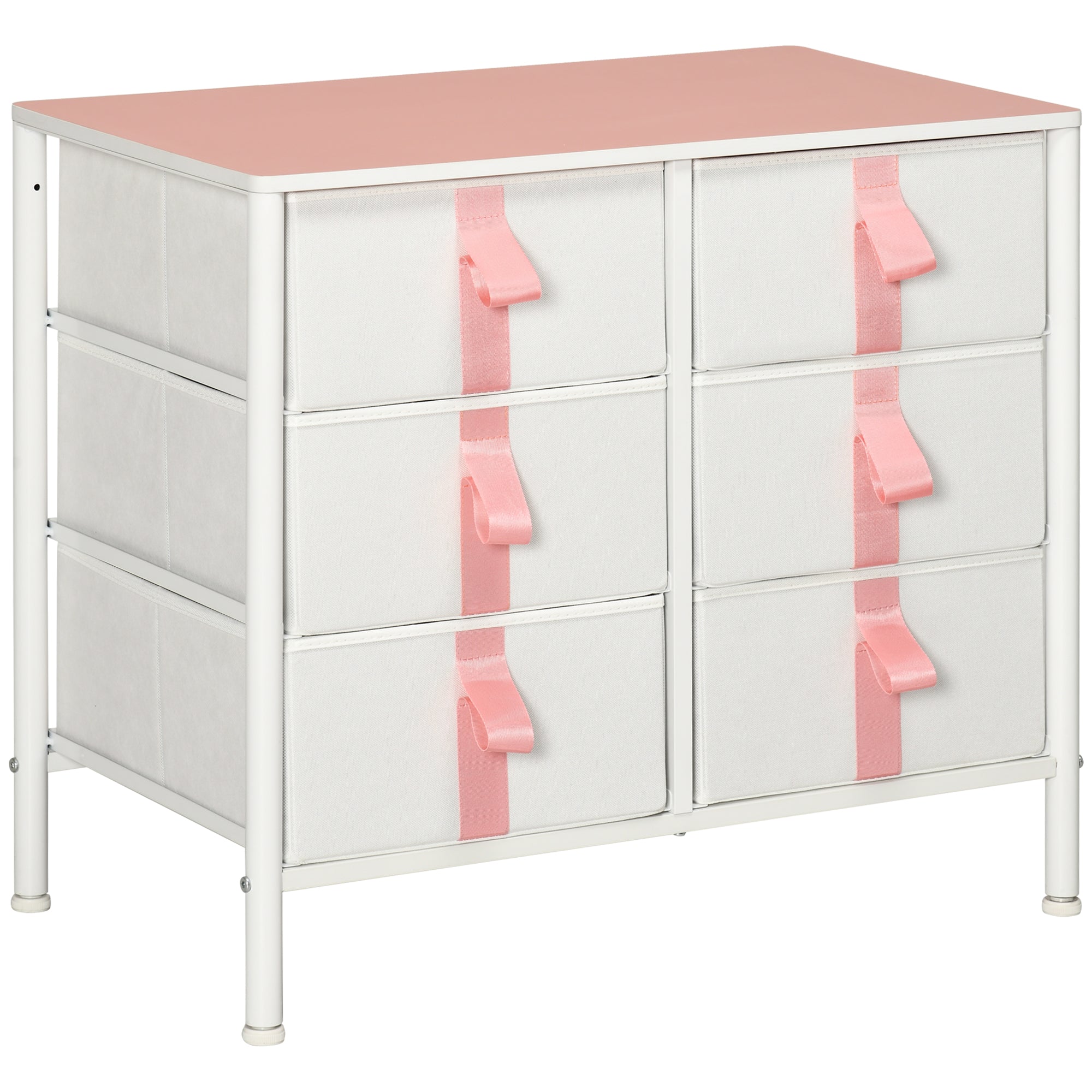 Chest of Drawers, Cloth Organizer Unit with 6 Fabric Drawers, Metal Frame and Wooden Top, Storage Cabinet for Kids Room, Living Room, Pink