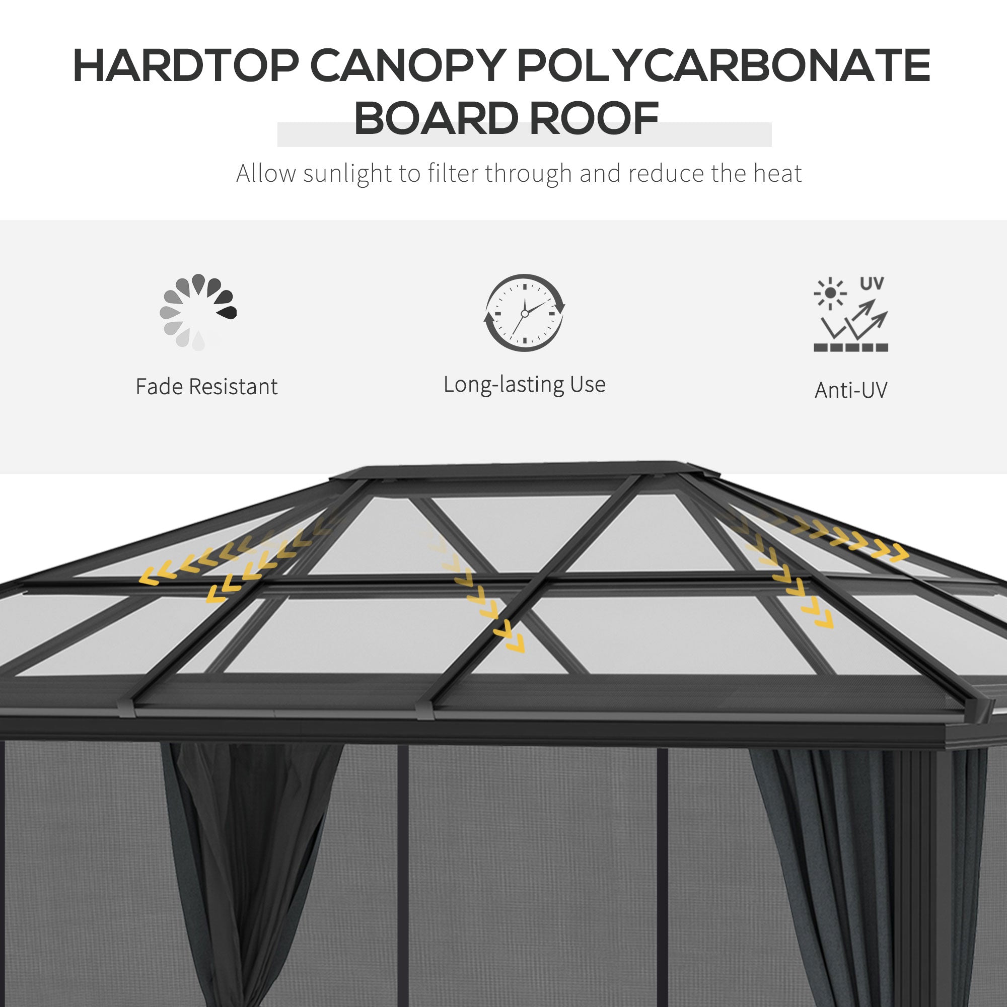 3 x 3.6m Hardtop Gazebo with UV Resistant Polycarbonate Roof and Aluminium Frame, Garden Pavilion with Mosquito Netting and Curtains