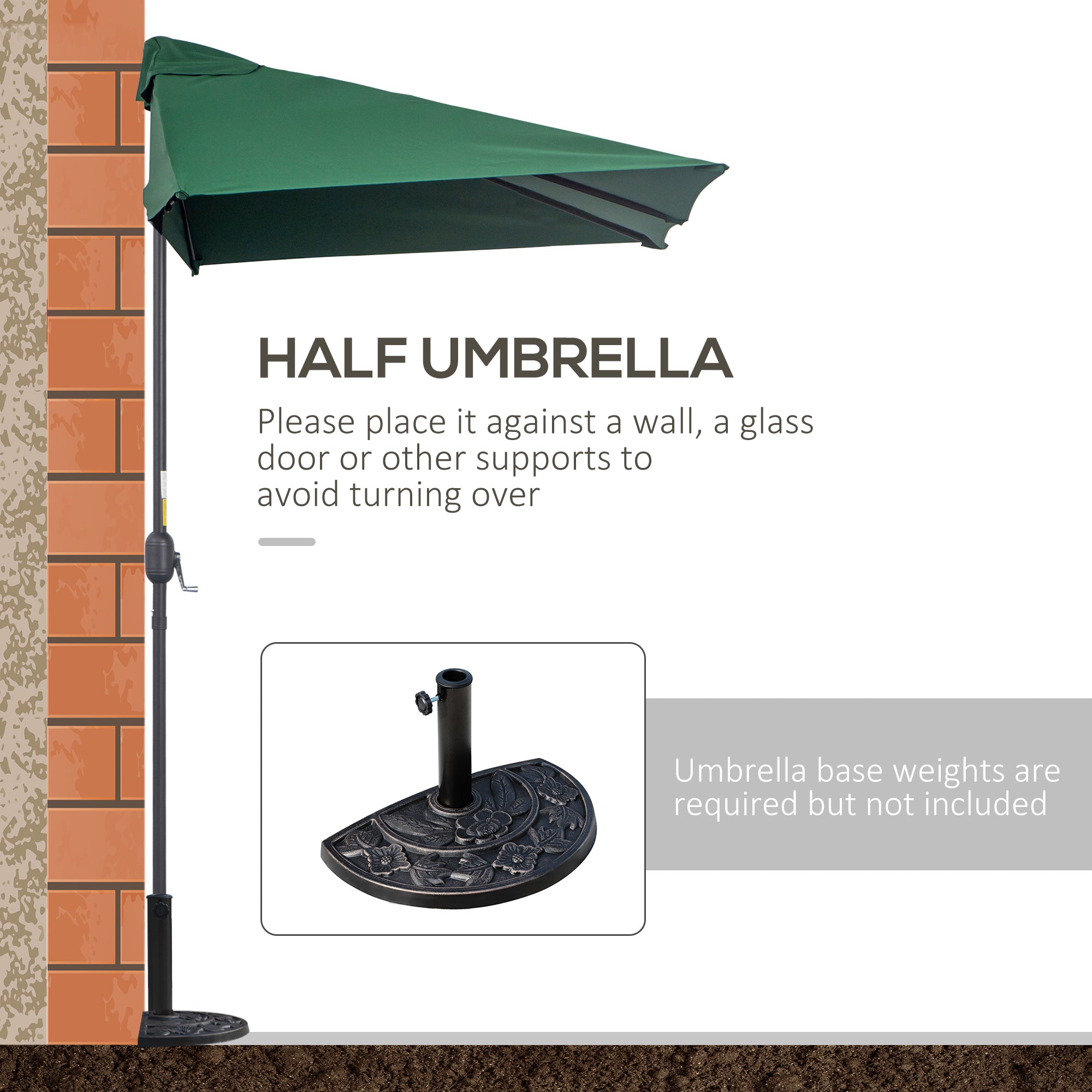 Half Parasols Balcony Semi Round Umbrella Patio Crank Handle (2.3m, Green)- NO BASE INCLUDED